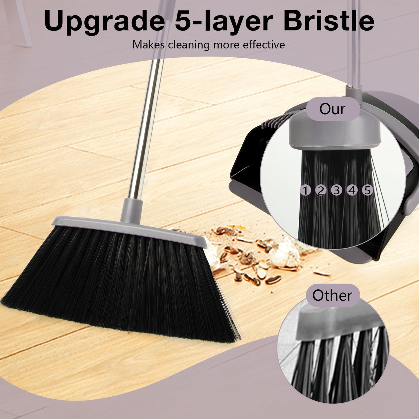 XXFLOWER Broom and Dustpan Set, Long Handle Lightweight Dustpans with Broom Combo for Home, Indoor&Outdoor Sweeping for Home Room Kitchen Office Lobby (Charcoal)