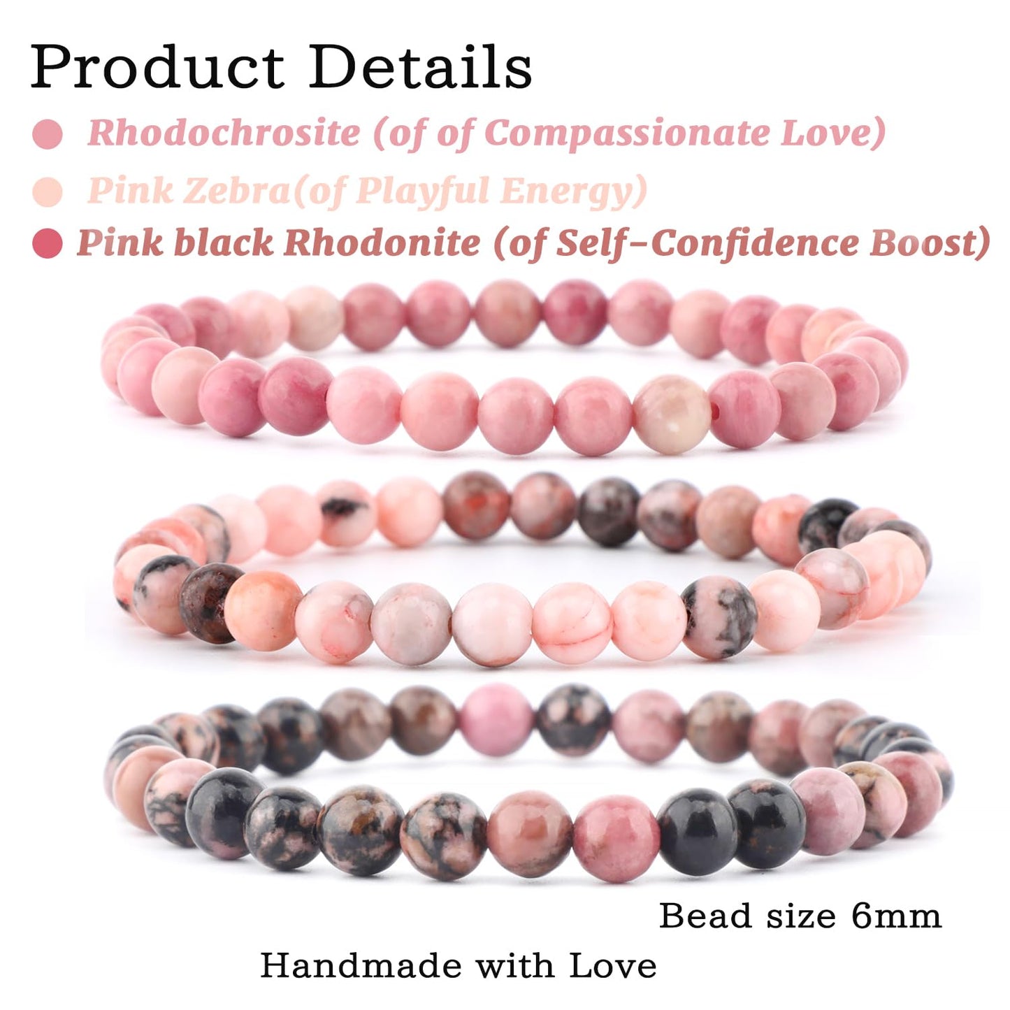 NCB 3-Piece 6mm Natural Crystal Gemstone Stretch Bracelets – ﻿Rhodochrosite, Pink Zebra, Pink Black Rhodonite Handmade Reiki Energy Healing Jewelry for Meditation,Yoga, Unisex