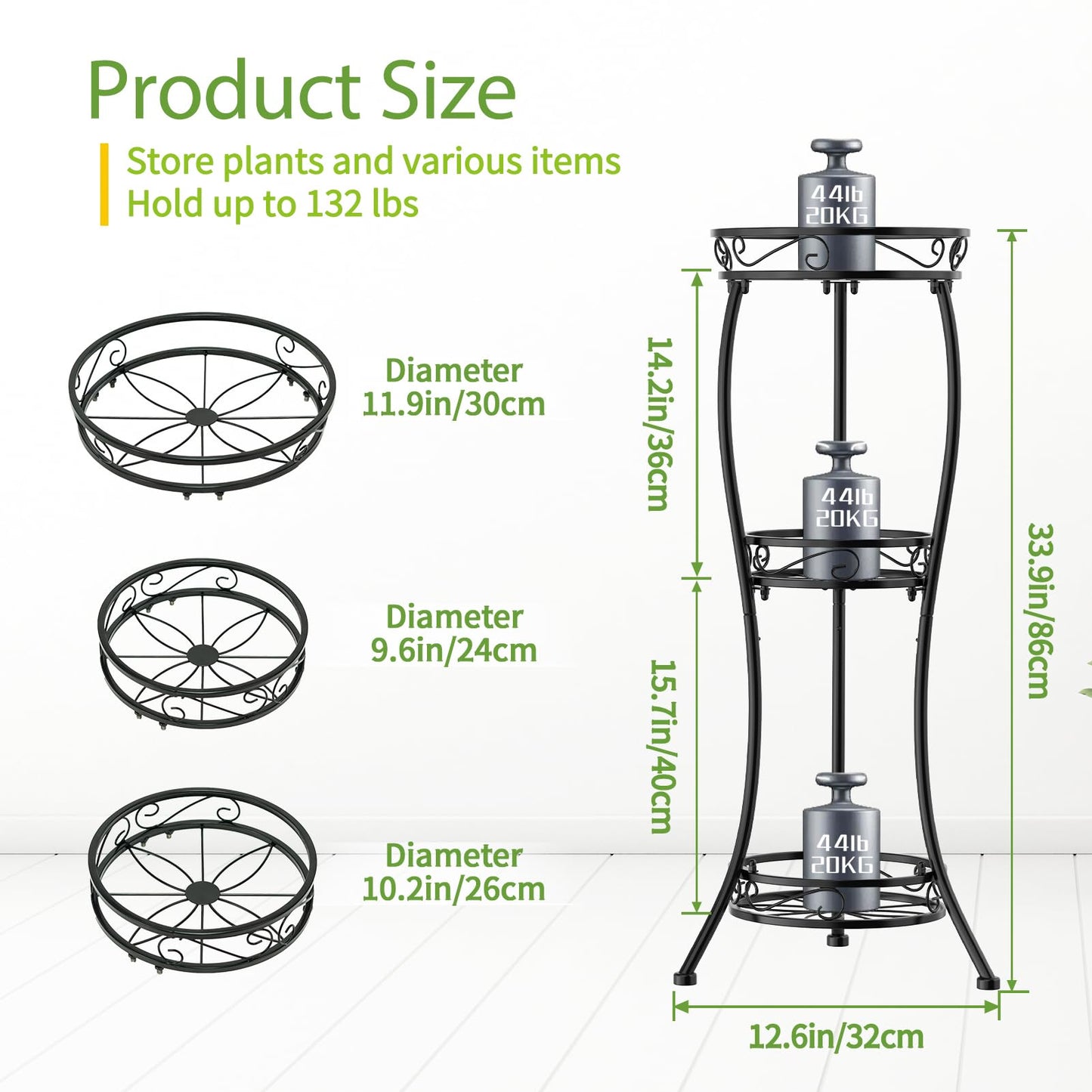 iDavosic.ly 3 Tier Tall Metal Plant Stand Indoor Outdoor, Wrought Iron Corner Flower Pot Holder Shelf, 34 Inch Vertical Display Rack for Patio Porch Living Room Garden, Black