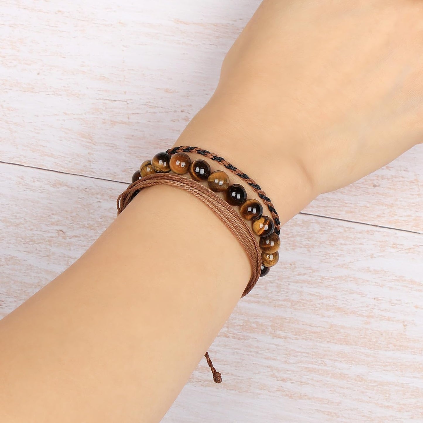QOGIR Handmade Healing Bracelet,8mm Natural Yellow Tiger Gem Stone Beads Bracelet,for Men Women Gifts with 2PCS Size Adjustable Rope Bracelets