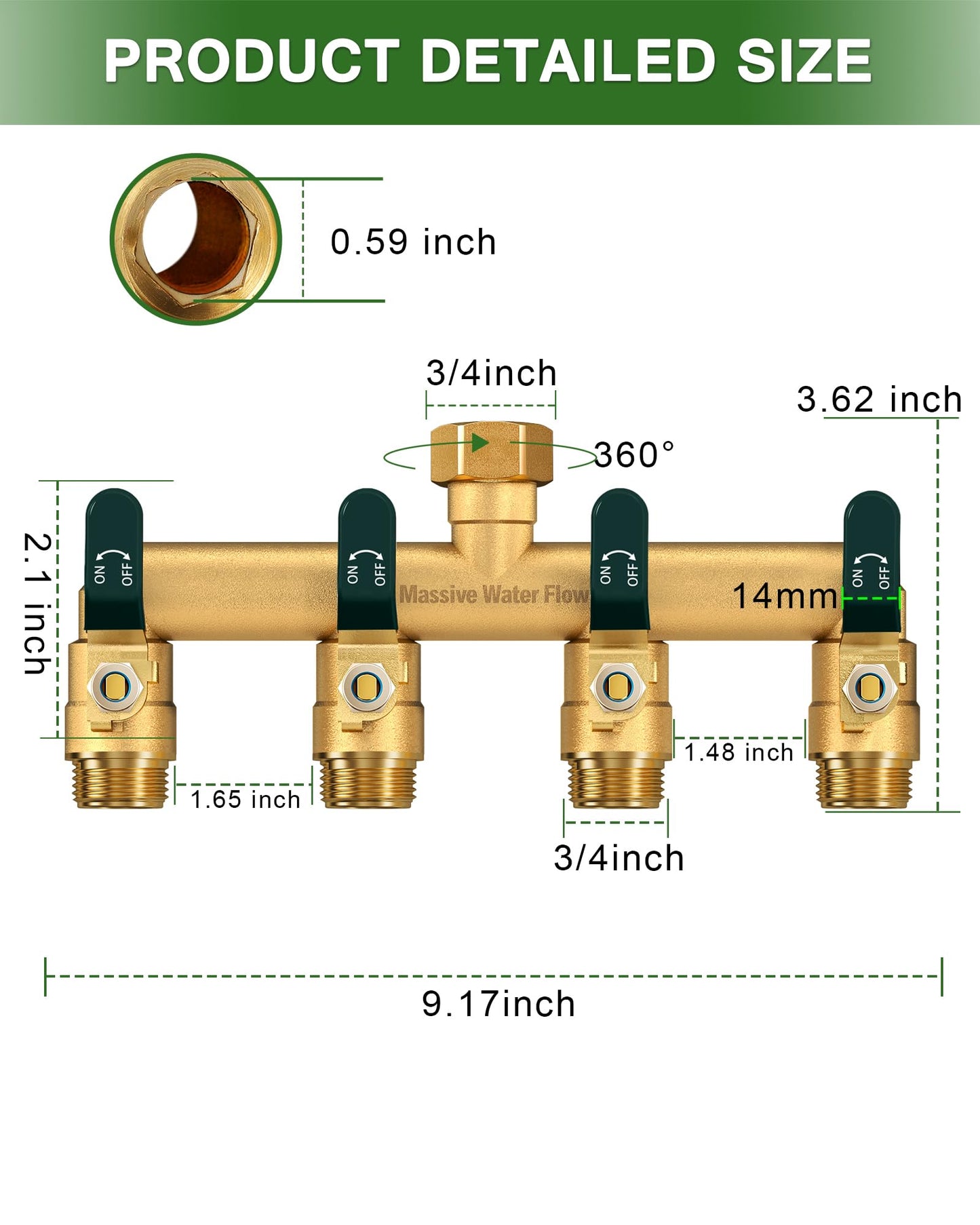 4 Way Hose Splitter, Heavy Duty Full Flow Garden Hose Splitter with 4 Large Metal Handles, Brass Water Hose Bib Splitter, T Adapter Connector with 3/4 - Inch GHT Thread (Green)