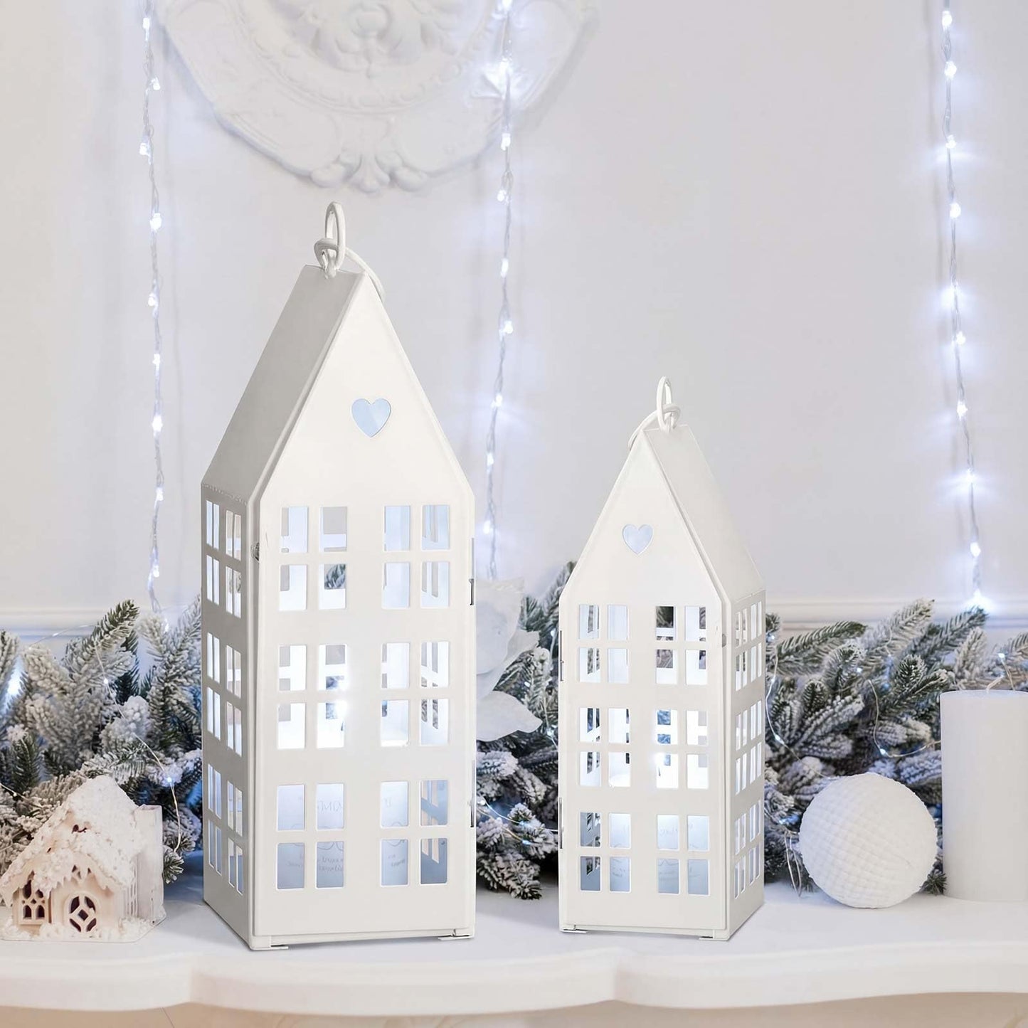 SiliFine 2 Set White Farmhouse Village Sets with 2 Pcs White Candles Rustic Houses Village Decor Metal Modern Lantern Decorative for Wedding Valentine's Day Home, Tabletop, Shelf Decor