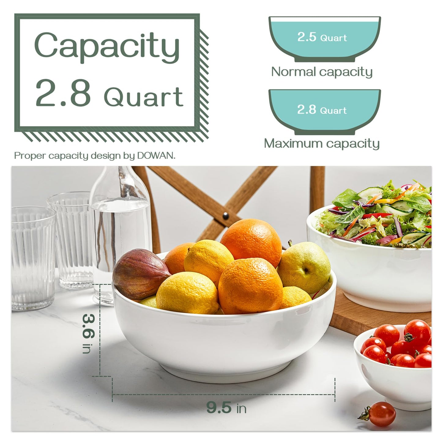 DOWAN Serving Bowls, 9.5" Large Salad Bowls for Entertaining, Side Dishes, Pho, Pasta, Centerpiece Bowls for Dinner Parties, Kitchen Decor, Microwave & Dishwasher Safe, White