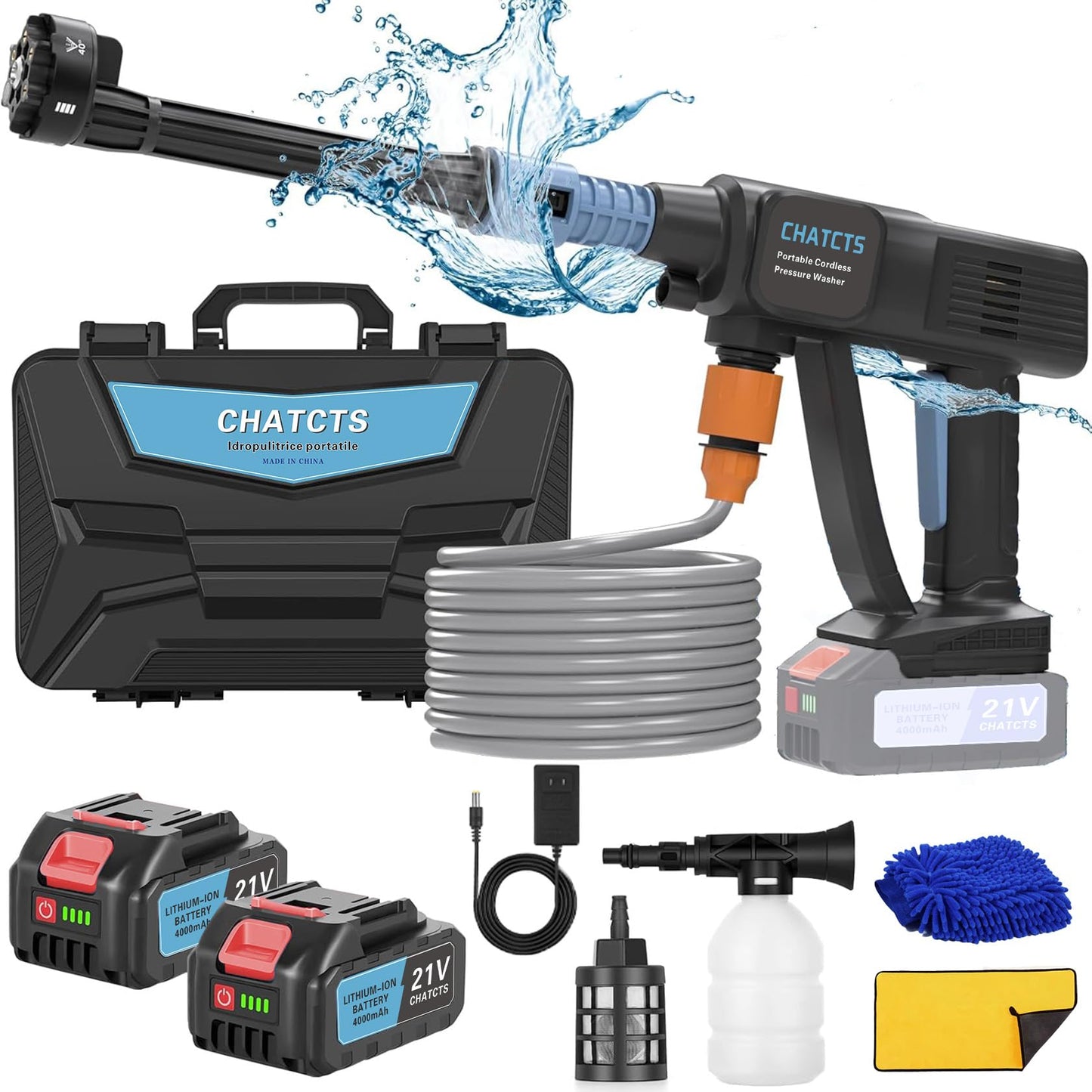 Portable Cordless Washer, Cordless Car Washer with 2 Batteries, 6 in 1 Nozzle, 5 Meter Hose, for Cleaning, Car Washing, Floor Washing
