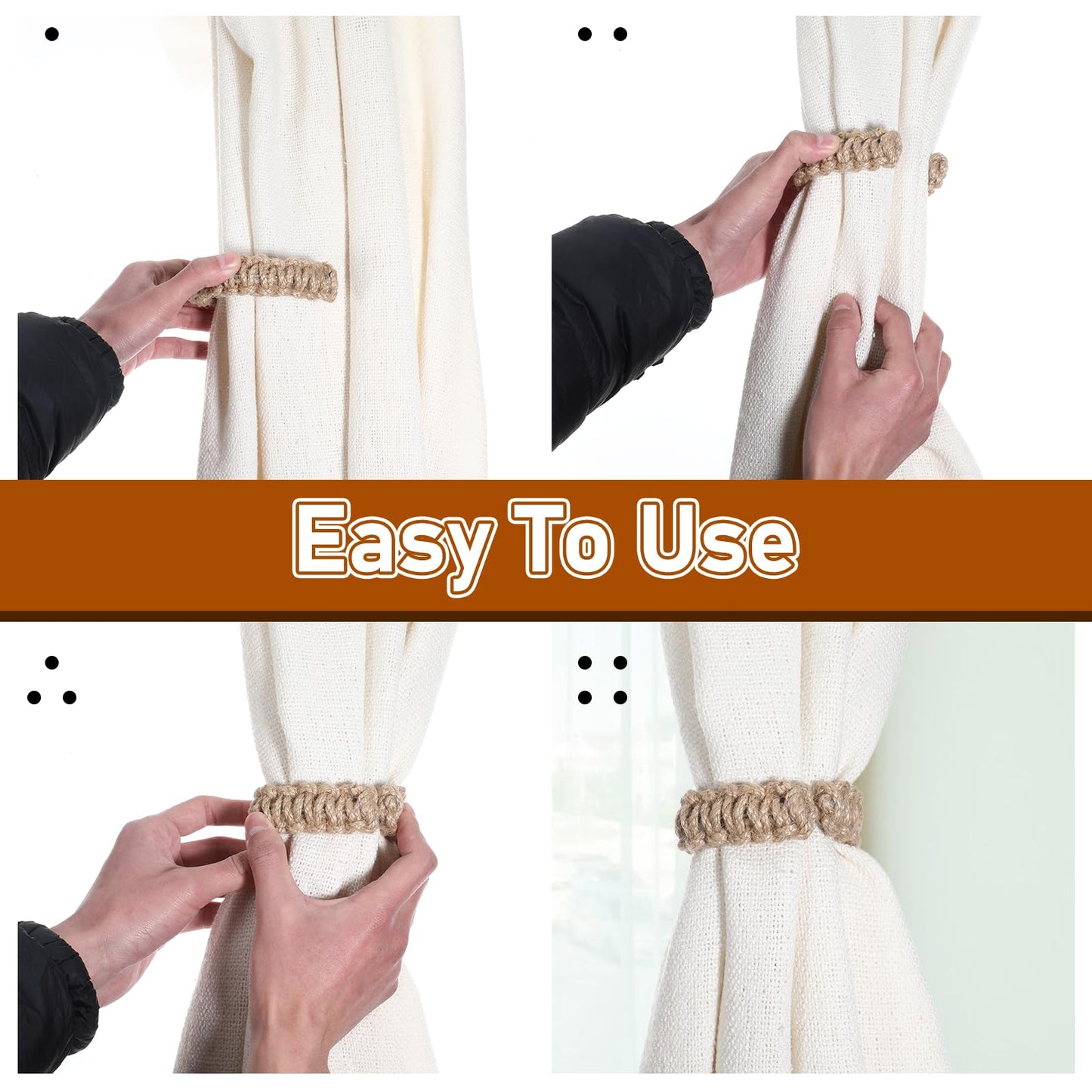 Ptwola 4 Pack Braided Curtain Tiebacks Boho Elegant Rustic Curtain Holdbacks Tie Backs Holders Set Simple Light Weight Drapes Decorative Accessories Handmade for Home Office Bedroom Window (4, Linen)