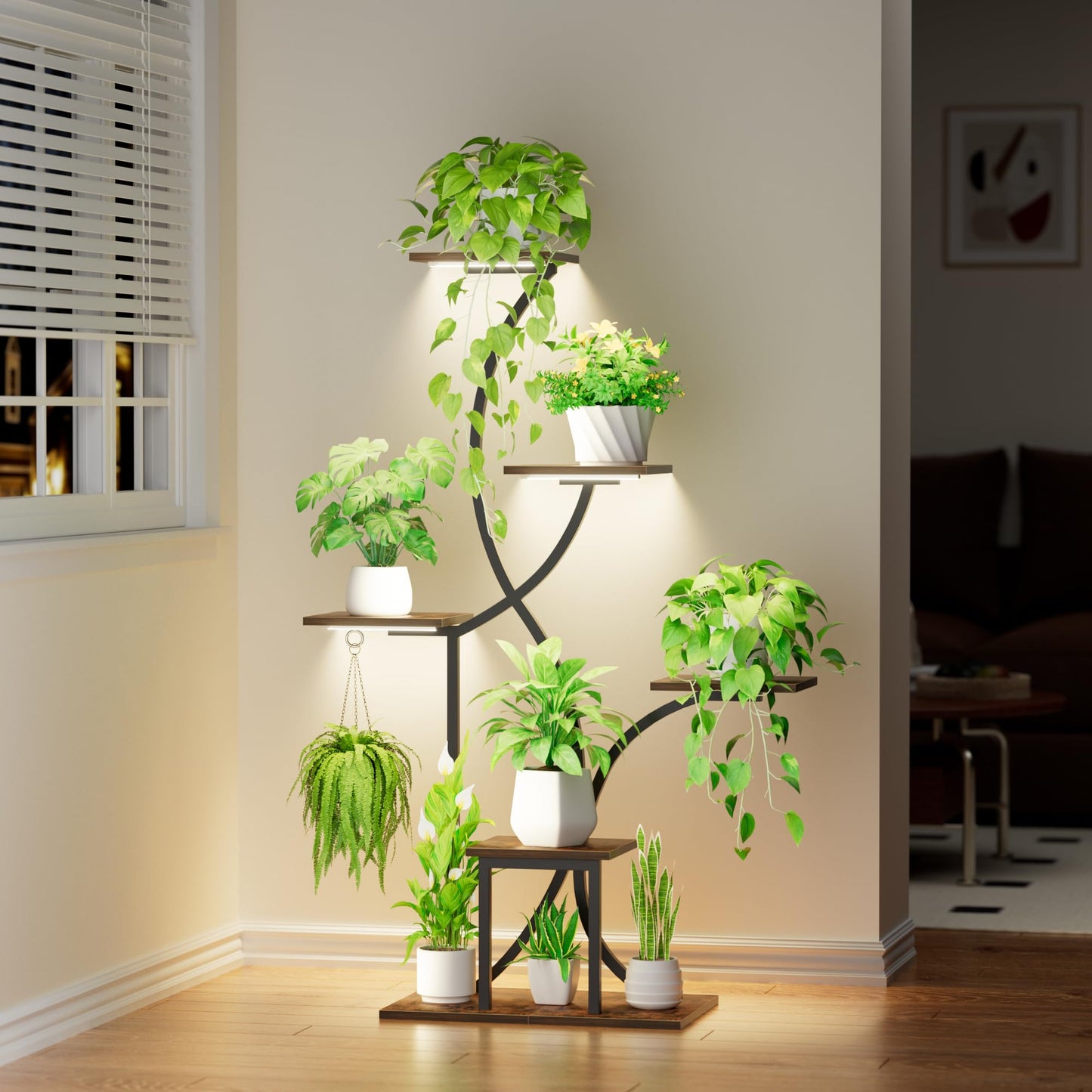 Plant Stand Indoor with Grow Lights, 6 Tiered Indoor Plant Shelf, 48'' Corner Plant Stands for Indoor Plants, Lighted S-Shaped Plant Rack, Tall Flower Holder Display for Living Room, Home (Black)