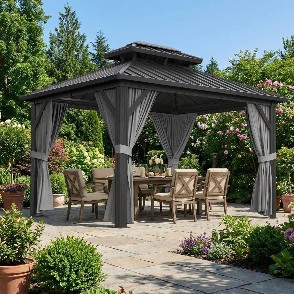 13'X10' Hardtop Gazebo, All-Weather Aluminum Frame Outdoor Canopy with Double Polycarbonate Roof, Permanent Outdoor Gazebo with Netting & Curtains for Garden, Lawns, Patio, Grey.