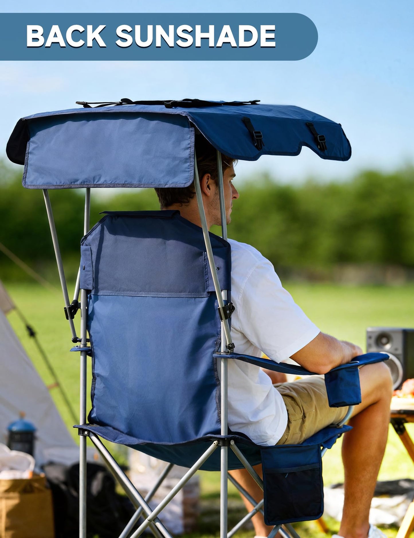 East Oak Camping Chair with Canopy | 25" High Back Folding Beach Chair with Canopy Shade, Supportive Headrest, Cup Holder, Side Pocket, 330 lbs Heavy Duty Canopy Chair for Outdoors