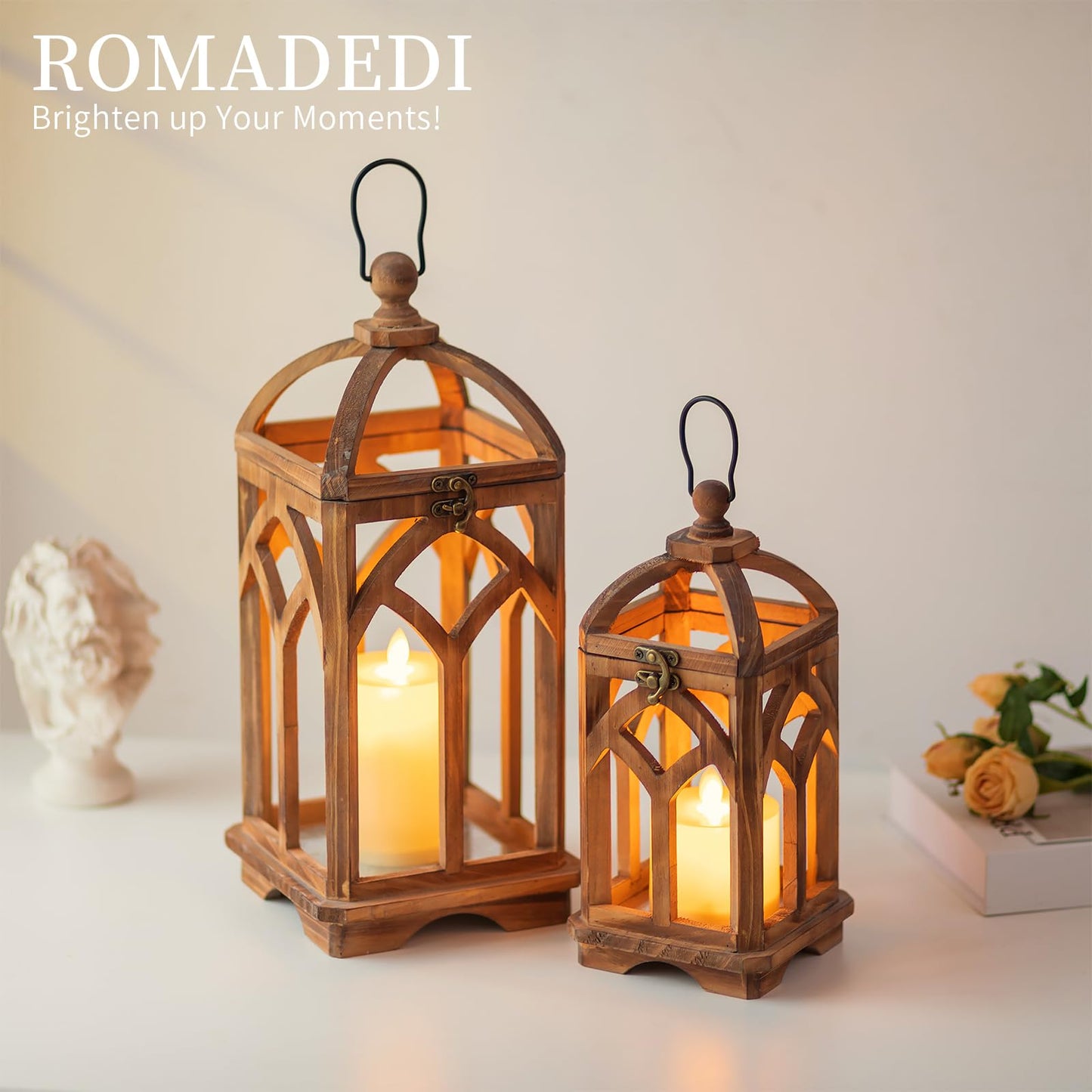 Romadedi Farmhouse Candle Lantern Wooden - 12" / 16" Set of 2 Decorative Rustic Wood Candle Holder Home Decor Decoration Wedding Table Centerpiece, Brown