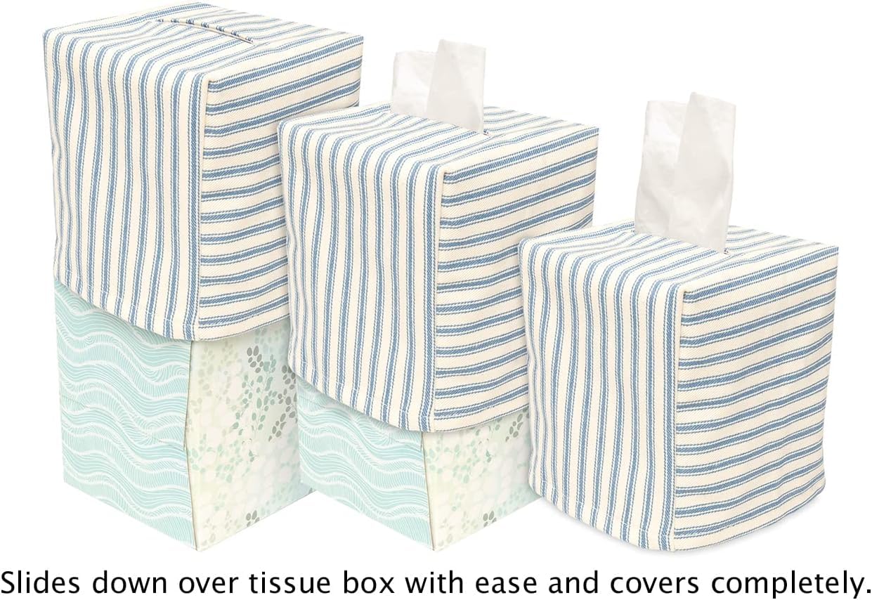 Tissue Box Cover, Soft Cloth Tissue Dispenser Cover for Square Cube Tissue Boxes- One Size Tissue Box Holder Fits Most Cardboard Tissue Holders - Lined, Red and White Striped, Made in USA