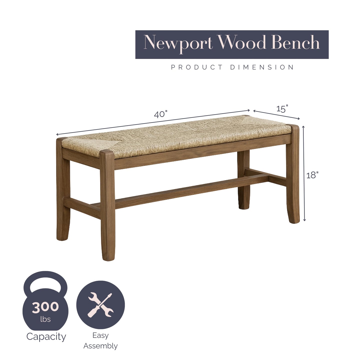 Alaterre Furniture Newport 40 Inch Solid Wood Entryway Bench - Modern Farmhouse Indoor Decorative Bench with Natural Seagrass Rush Seat - Furniture for Entryway, Dining Room, or Kitchen (Natural)
