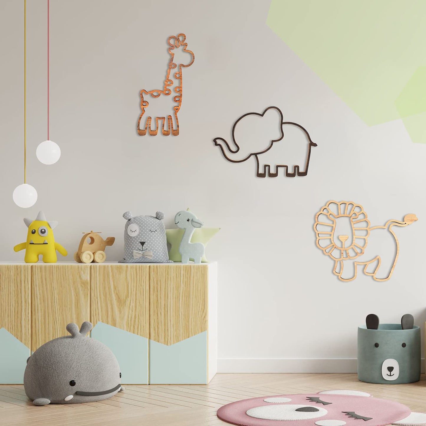 Yulejo 3 Pieces Nursery Wall Decor Jungle Theme Nursery Decoration Wooden Woodland Safari Animal Wall Decor with Glue Points for Bedroom