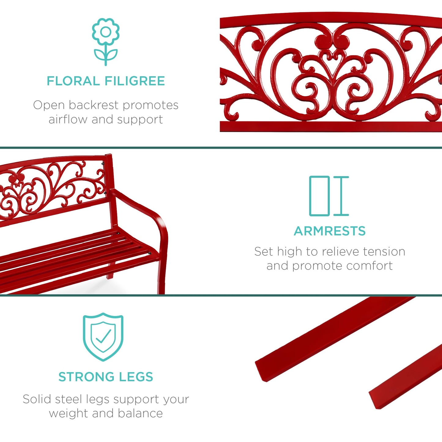 Best Choice Products Outdoor Bench Steel Garden Patio Porch Furniture for Lawn, Park, Deck w/Floral Design Backrest, Slatted Seat - Red