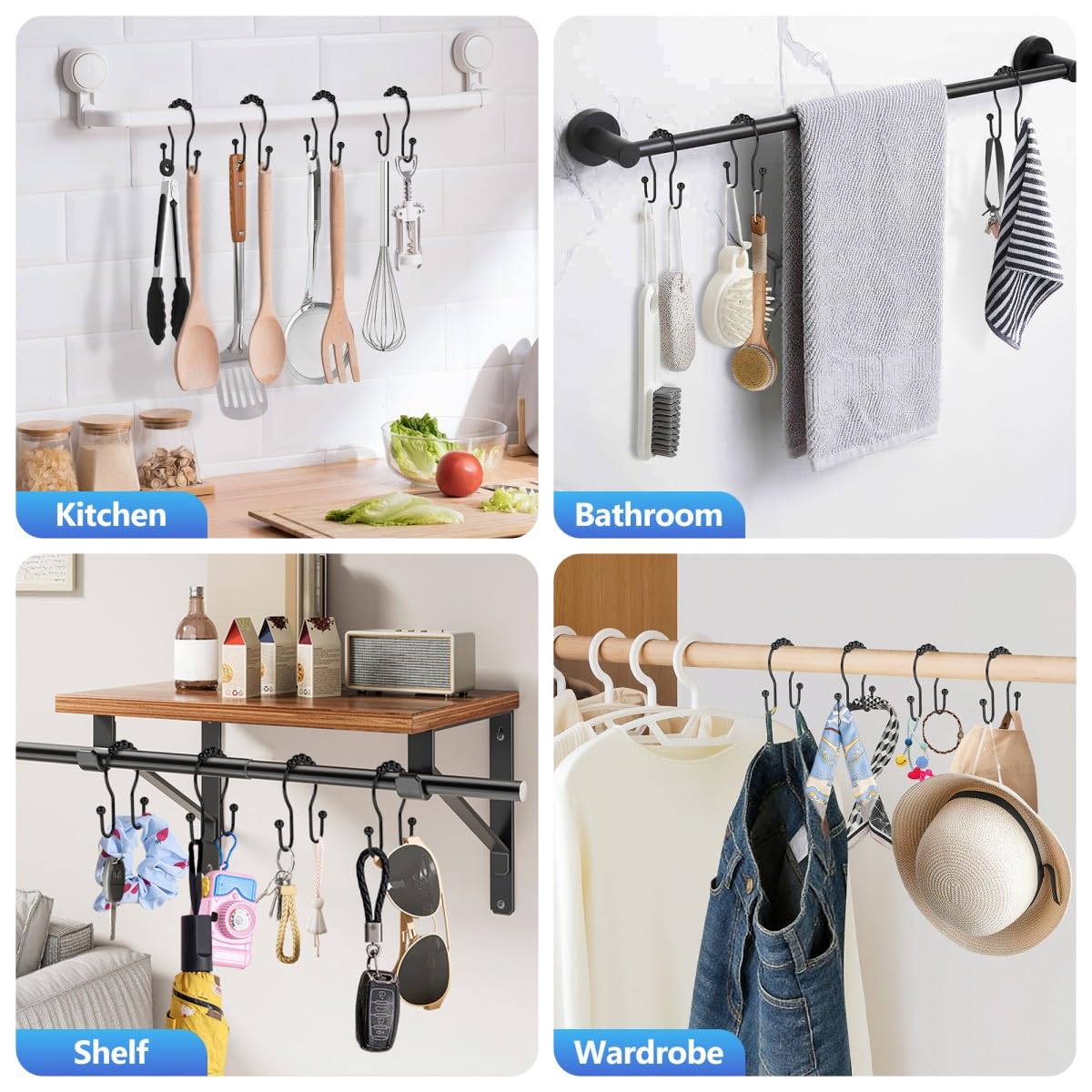 Resze Shower Curtain Hooks, Sturdy Metal Black Shower Curtain Rings, Glide Roller Double Shower Hooks, Rust Proof Anti-Drop Curtain Hooks, 12 Pcs Smooth Sliding Rings for Bathroom Shower Rods Curtains