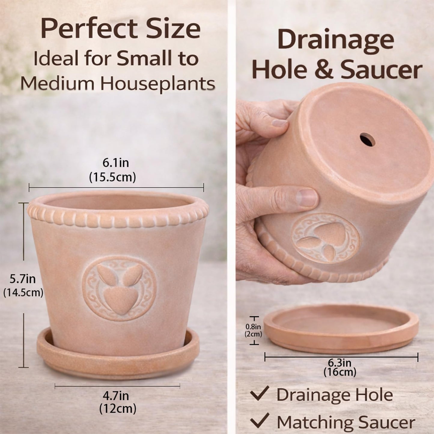 FREEMOON Color-Changing Terracotta Plant Pot with Saucer, Natural Clay Planter with Drainage Hole, Visual Watering Reminder (All-Natural), Retro Rabbit Head Pattern for Indoor/Outdoor Plants, 6 Inch