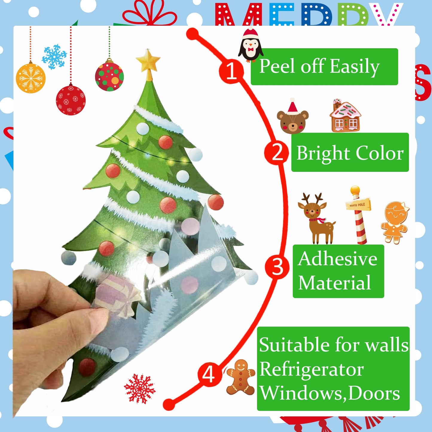 Christmas Wall Decals Stickers 142PCS Removable Merry Christmas Wall Decorations Xmas Bathroom Fireplace Decor Santa Claus Snowman Reindeer Door Decal Indoor