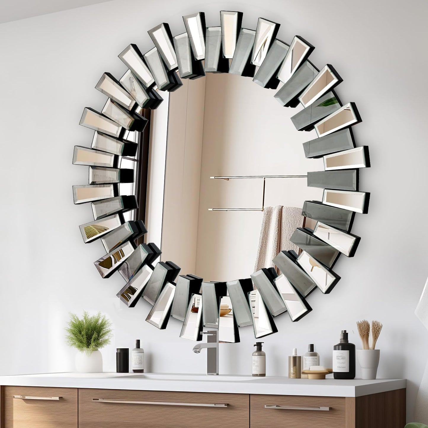 QDSSDECO Round Mirror Sunburst Wall Mirror 31.5" Beveled Edge Frameless for Living Room Bathroom Bedroom Entryway Decor