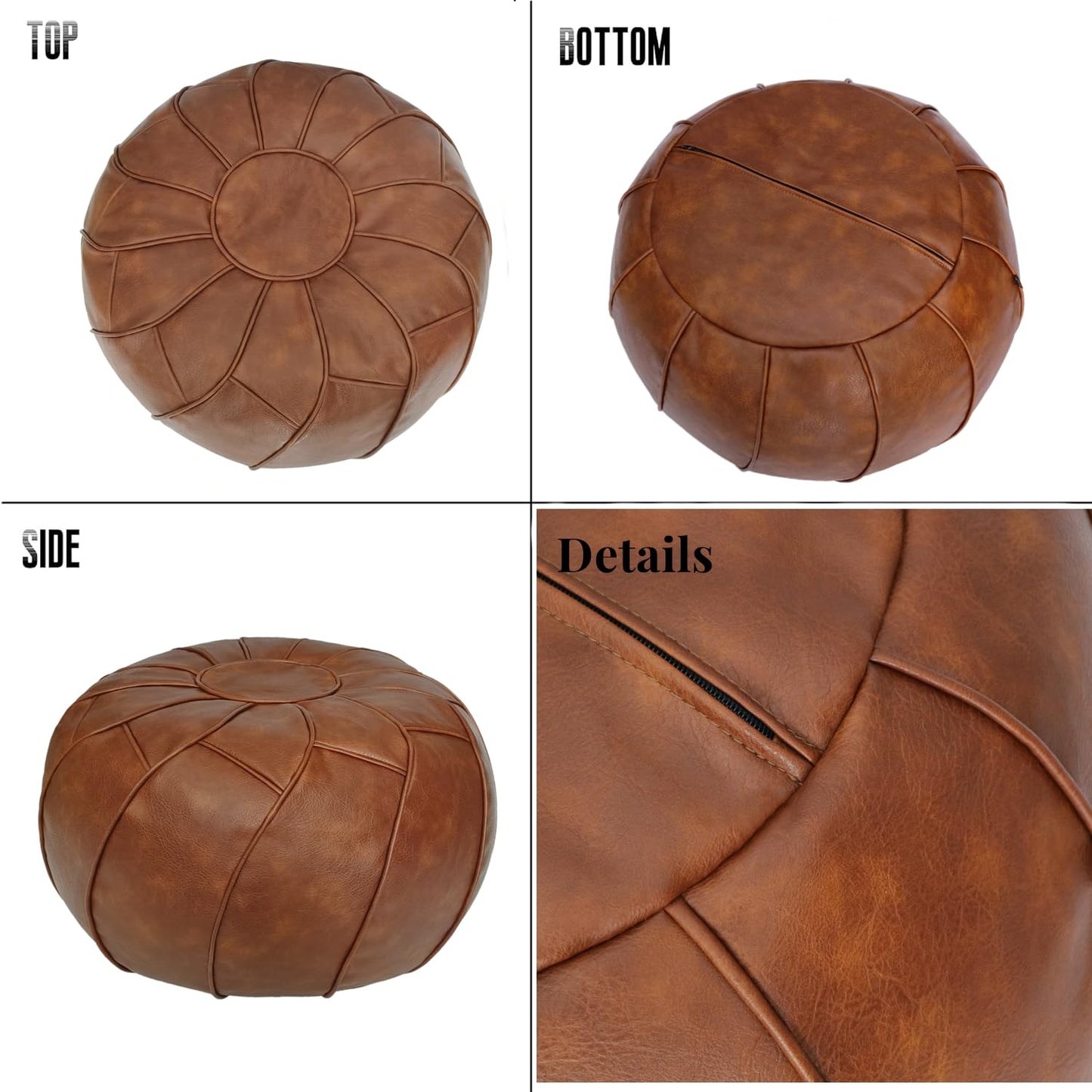 Thgonwid Round Unstuffed Pouf Cover, Leather Foot Stool Ottoman with Storage, Bean Bag Floor Chair, Multi Functional Footrest for Living Room, Bedroom or Balcony (Brown)