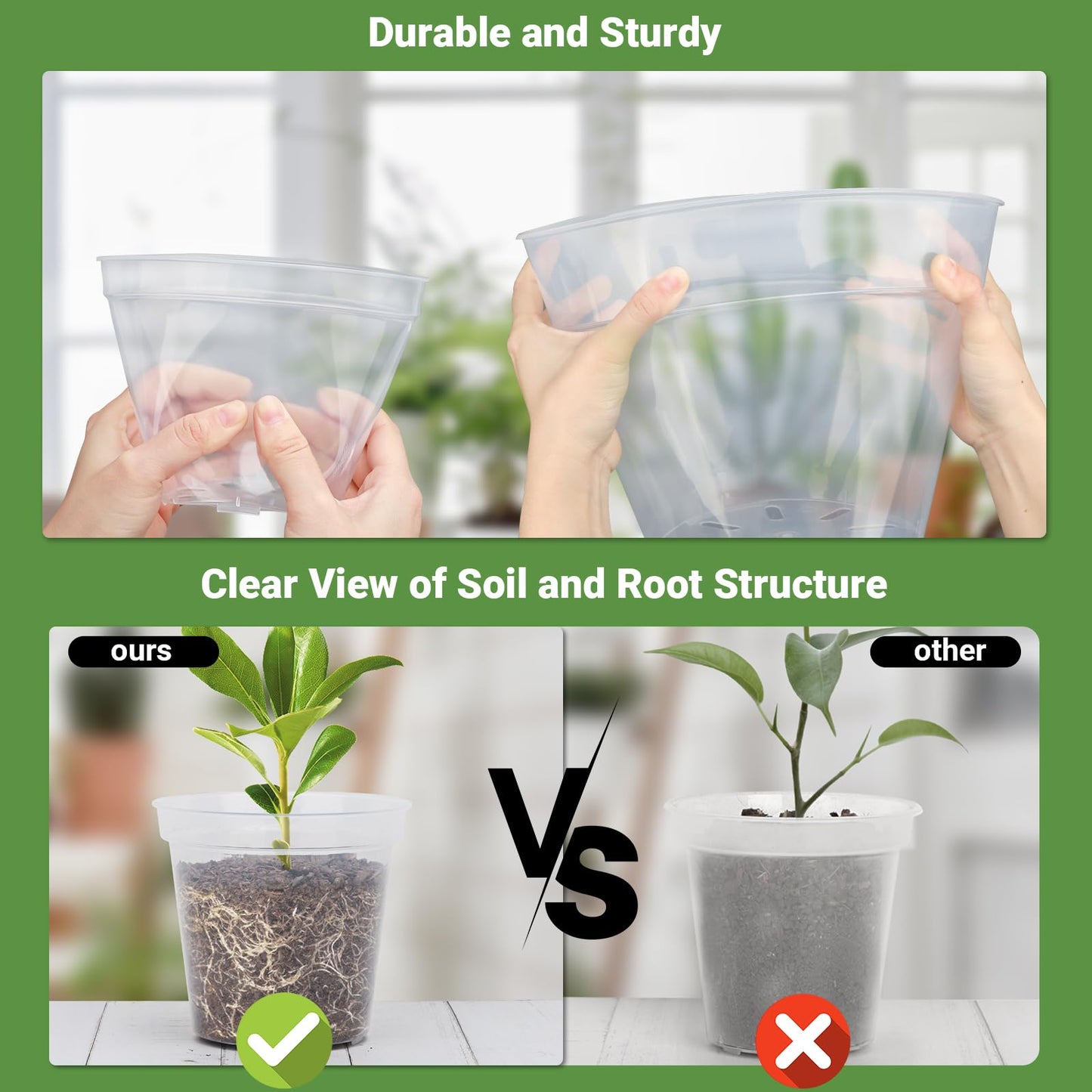 GREANER 6 Inch Wall Plant Holder, 4/5/6/7/8/9 Inch Reinforced Clear Nursery Pots, 2 Packs Heavy Duty Flower Pot Holder Ring and 13 Packs Durable Seed Starting Pot for Balcony, Home, Garden, Yard
