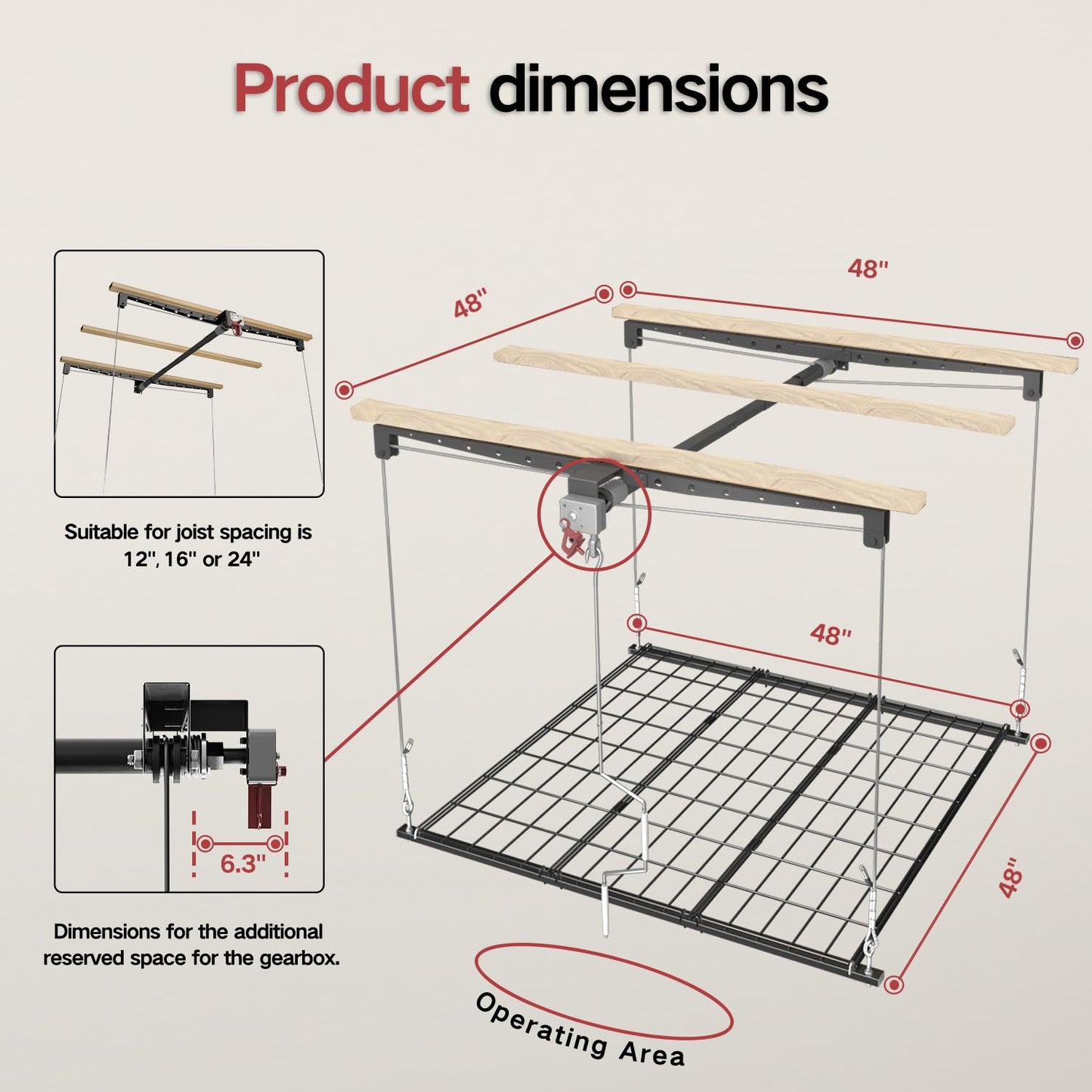 Overhead Garage Storage Rack for 10–12 FT Ceiling, Heavy-duty 4x4 FT Ceiling Storage Racks with Safety Lock, Ideal for Garage Storage Mounted Lift System and Storage Organizer, 250lbs Capacity