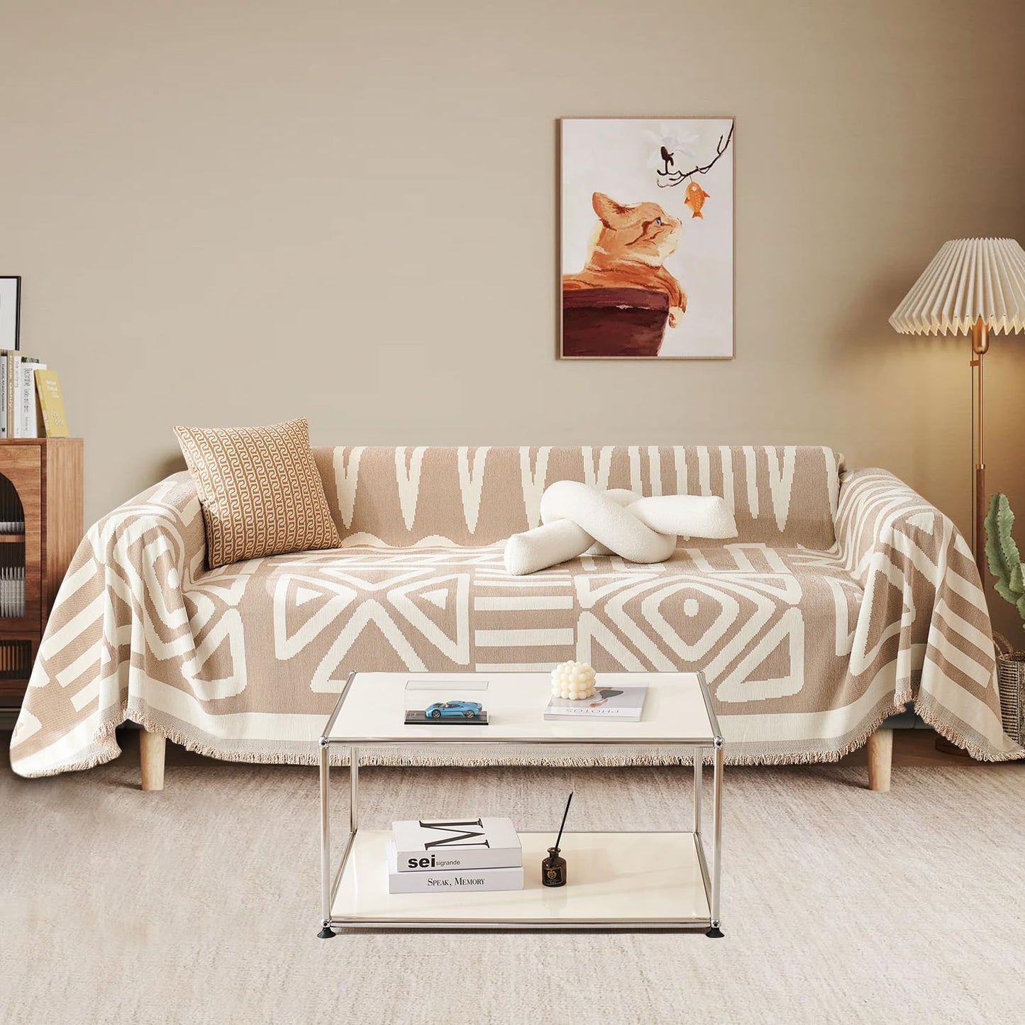TOYROOM Chenille Sofa Cover Armchair Couch Cover Reversible Throw Sofa Slipcover with Khaki Geometry Pattern, Non Slip Boho Sofa Cover with Tassels Resistant for Dog Pet Washable, 71" x 71"