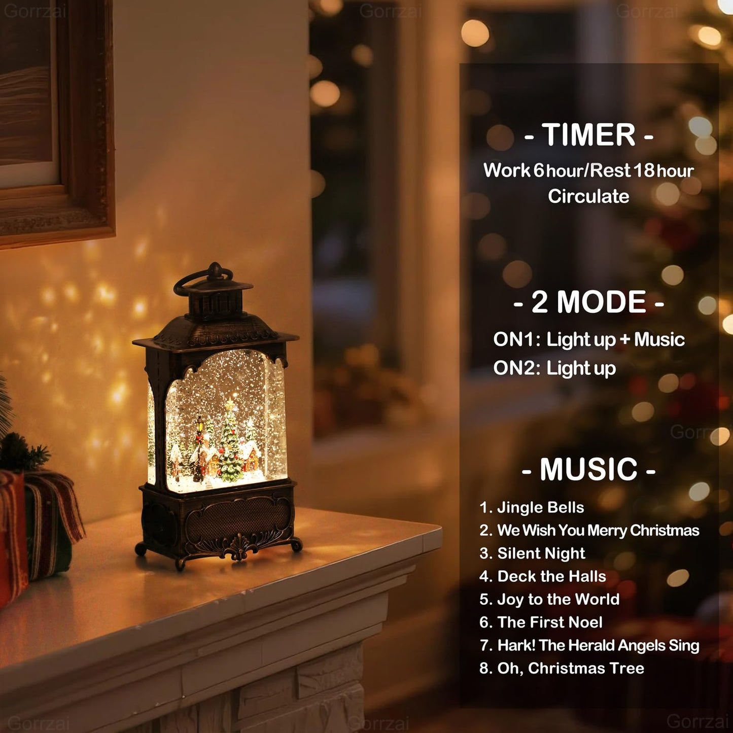 Gorrzai Christmas Snow Globe Lantern with Music Timer Swirling Glitter, Lighted Christmas Decorations Indoor Light Up Musical Lantern Holiday Decor Gift, Forest House Scene, USB or Battery Operated