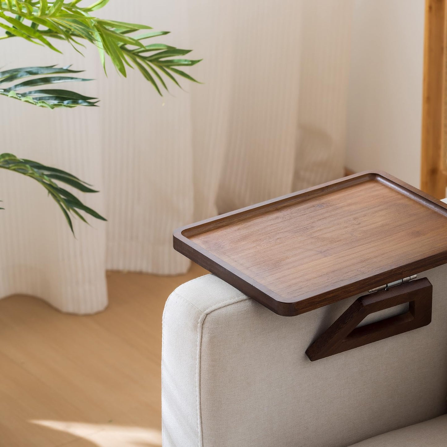 Bamboo Sofa Arm Tray Table, Foldable Clip-on Side Table, Wide Couch Cup Holder (Brown)