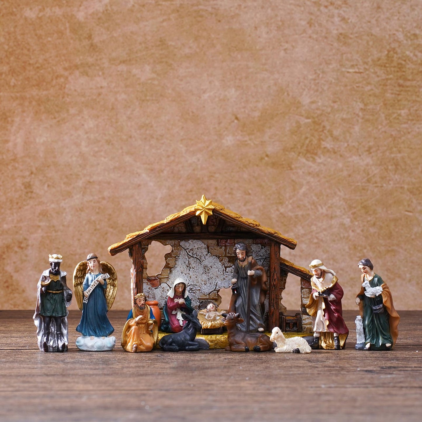 QZLUJIANG Traditional Christmas Nativity Scene Set with Stable, 12 Piece Resin Figurine Collection, Holiday Religious Decor (3.3inch)