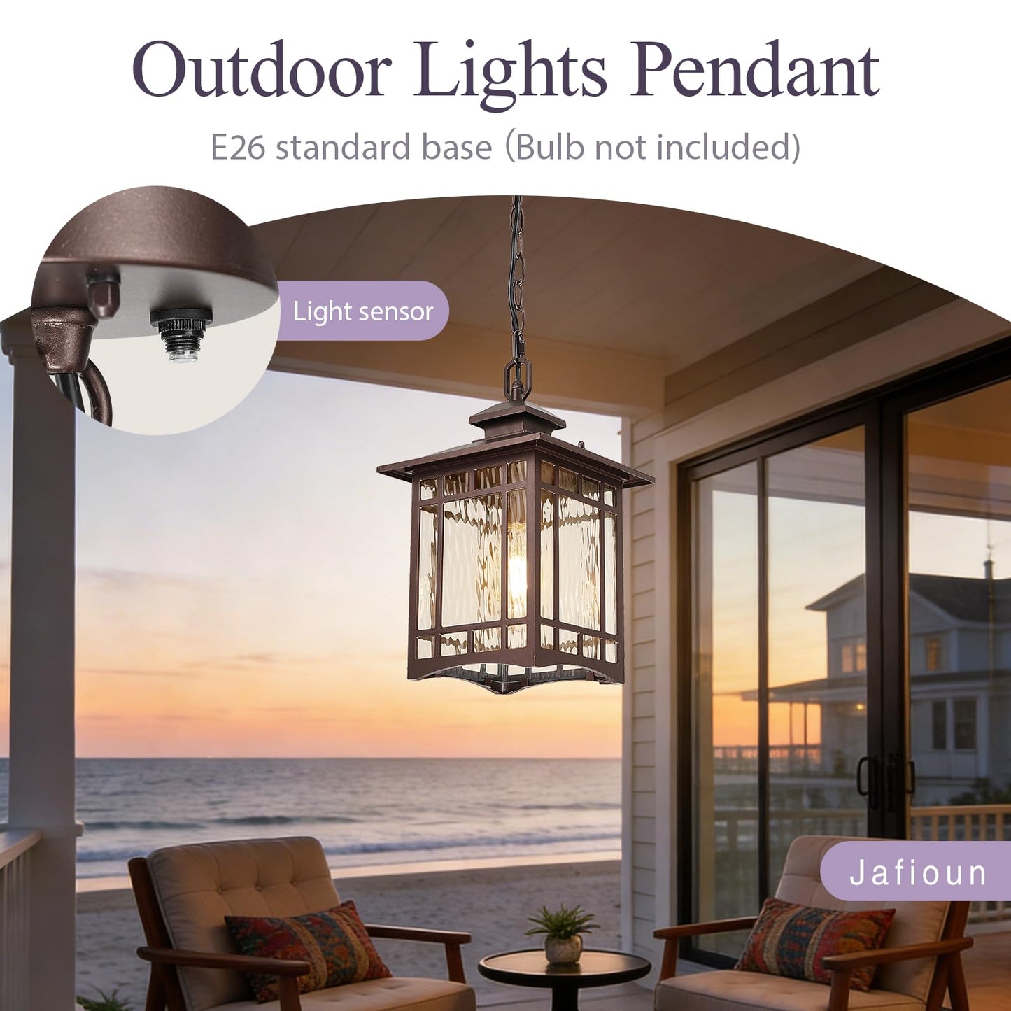 Dusk to Dawn Outdoor Pendant Light, 15 Inch Large Square ORB Oil Rubbed Bronze Exterior Hanging Lantern, Waterproof Anti-Rust Aluminum Outdoor Light with Water Ripple Glass for Porch Patio Entryway