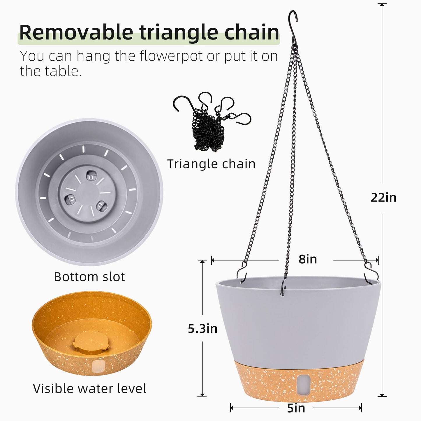QCQHDU 2 Pack Hanging Planters for Indoor Outdoor Plants, 8 Inch Hanging Baskets Flower Pots with Reservoir Tray & Visible Water-Level