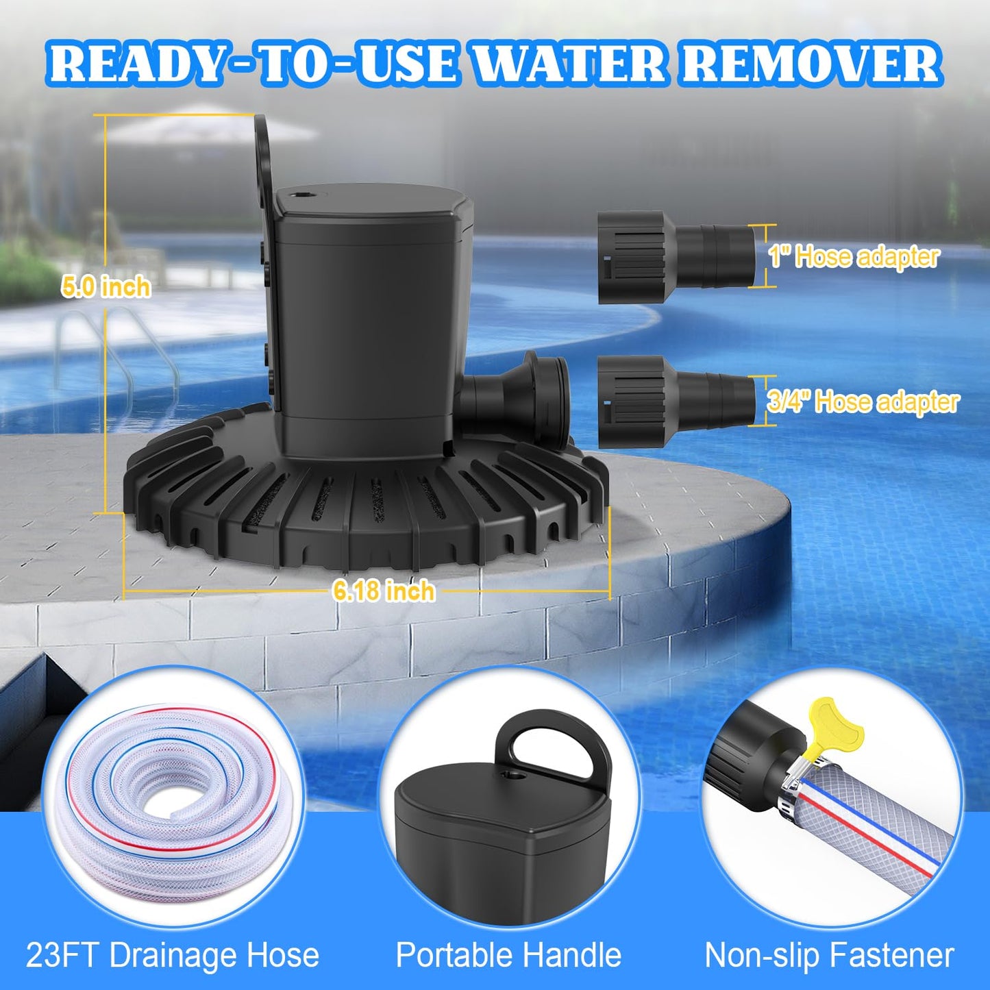 GAIZERL Pool Cover Pump, 3000L/H Automatic On Off Swimming Pool Cover Pump with 2 Garden Hose Adapters, 23ft Drainage Hose, and 49ft Power Cord, Submersible Water Pump for Pool, Tubs, and Water Beds