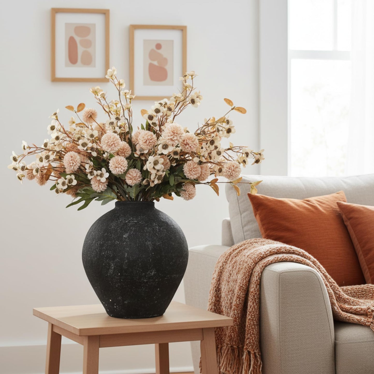 Beige Silk Flower Arrangements Home Decor, Large Floral Centerpieces For Tables, 22 Long Stems Fake Mums + Eucalyptus + Wild Flowers in Bulk, Artificial Flowers Coffee Dining Table, Faux Mums Flowers