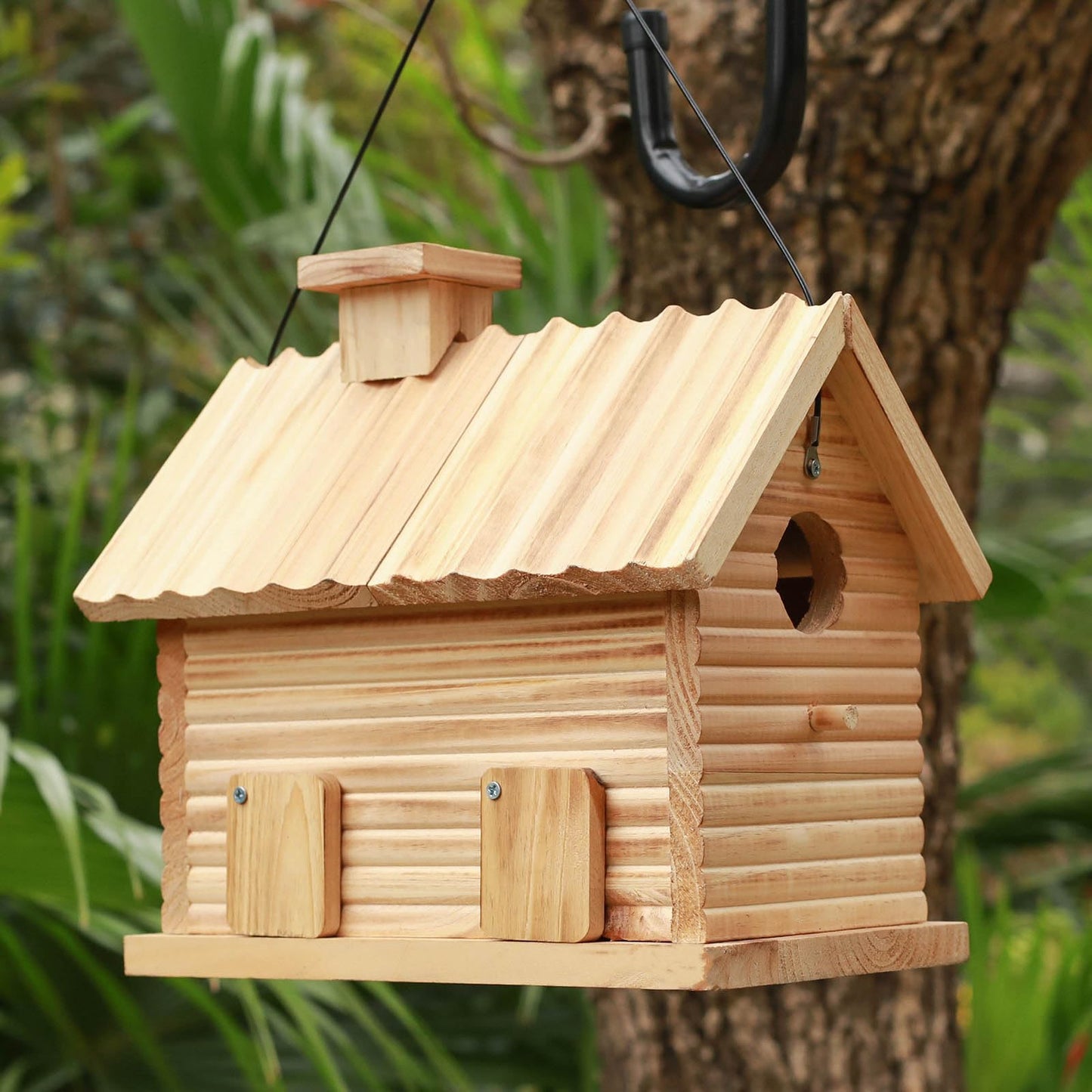 STARSWR Bird House Outside,Outdoor Bird Houses, Natural Wooden Bird Hut Clearance 2 Hole Bluebird Finch Cardinals 2 Rooms Hanging Birdhouse for Garden Viewing