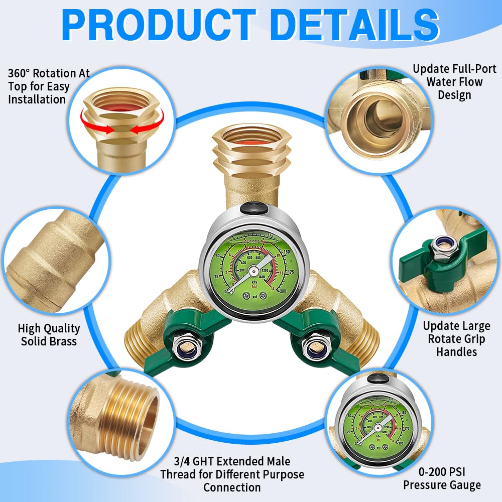 Brass Garden Hose Splitter Full Flow, Hose Splitter 2 Way Heavy Duty, Large Rotate Grip Handles Hose Y Splitter with Shutoff, Garden Hose Splitter with 0-200 PSI Pressure Gauge, 3/4" GHT Threads