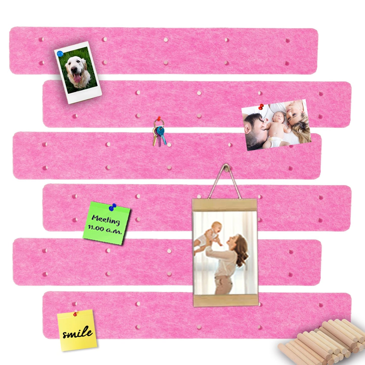 Small Felt Pin Boards Memo Board Pegboard Bar Strips, Self-Adhesive Cork Board for Walls Home Office Decor, Felt Bulletin Boards for Jewel, Notes, Photos with 20 Wooden Dowel Pins, Pink, 6 Pack