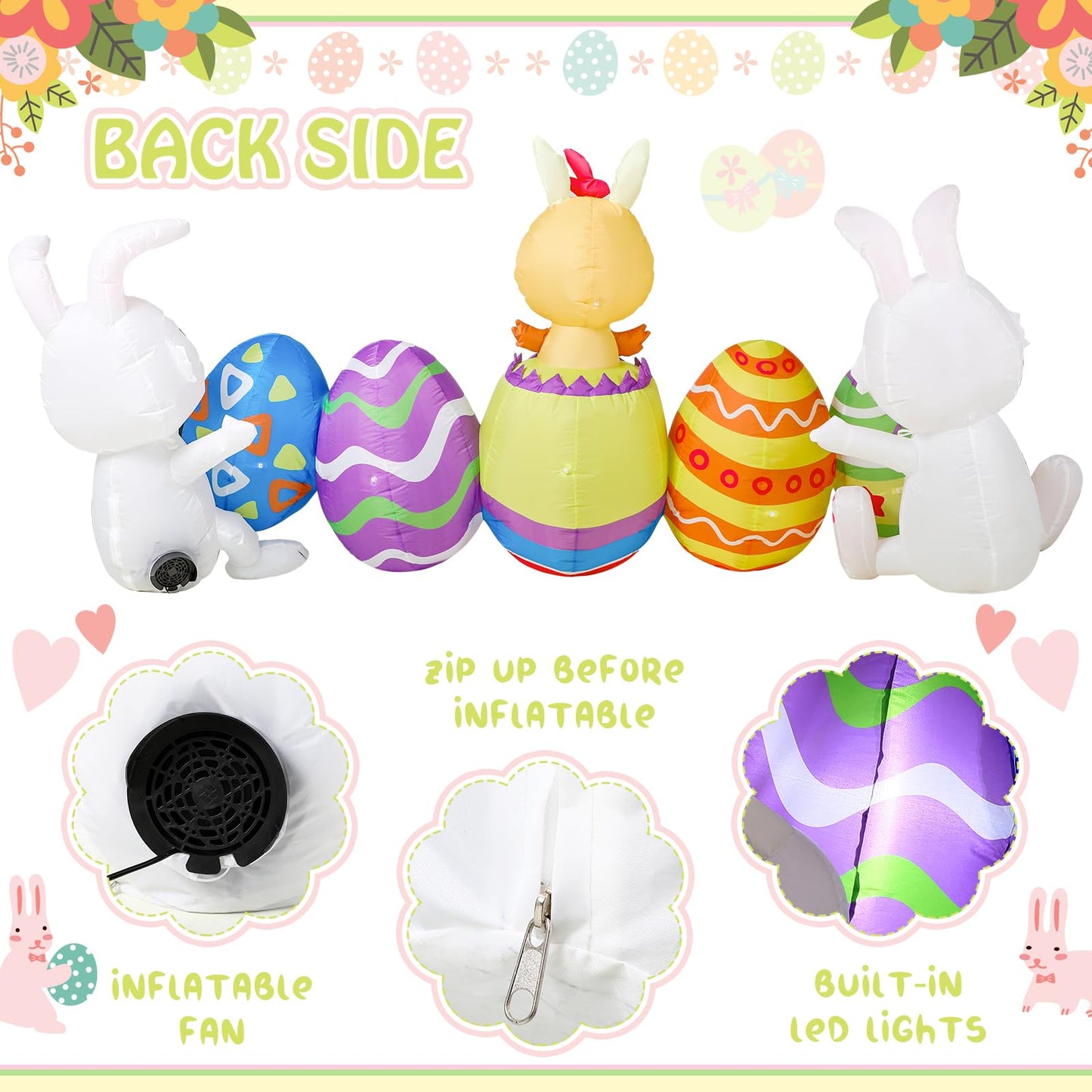 Shappy 7.2 ft Long Easter Inflatable Bunny Outdoor Decorations with Egg Chick Lighted Easter Bunny Blow up Yard Decorations, Built-in LED Lights for Outdoor Holiday Yard Garden Lawn Party