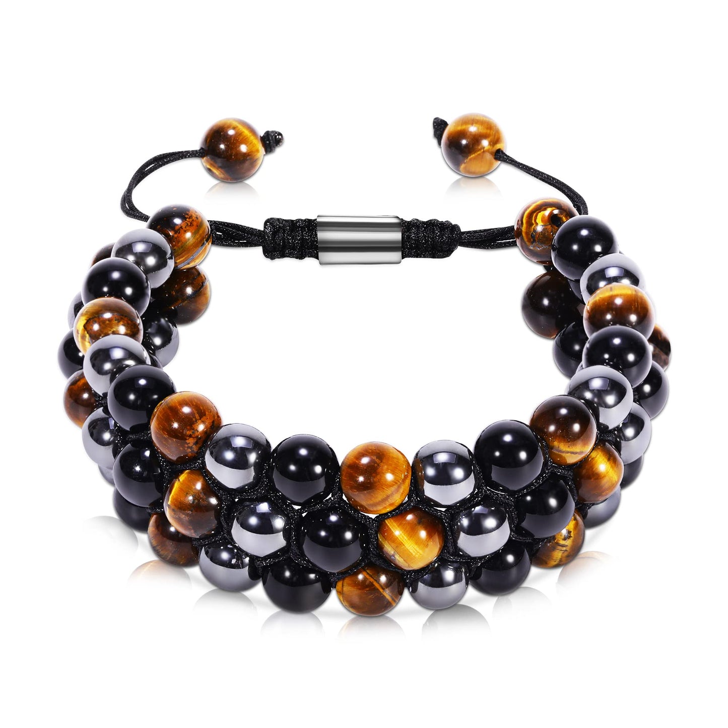 Ckkllws Triple Protection Bracelet, Genuine Tigers Eye Black Obsidian and Hematite 8mm Beads Bracelet for Men Women, Crystal Jewelry Stone Bracelets Gifts for Men Bring Luck Prosperity