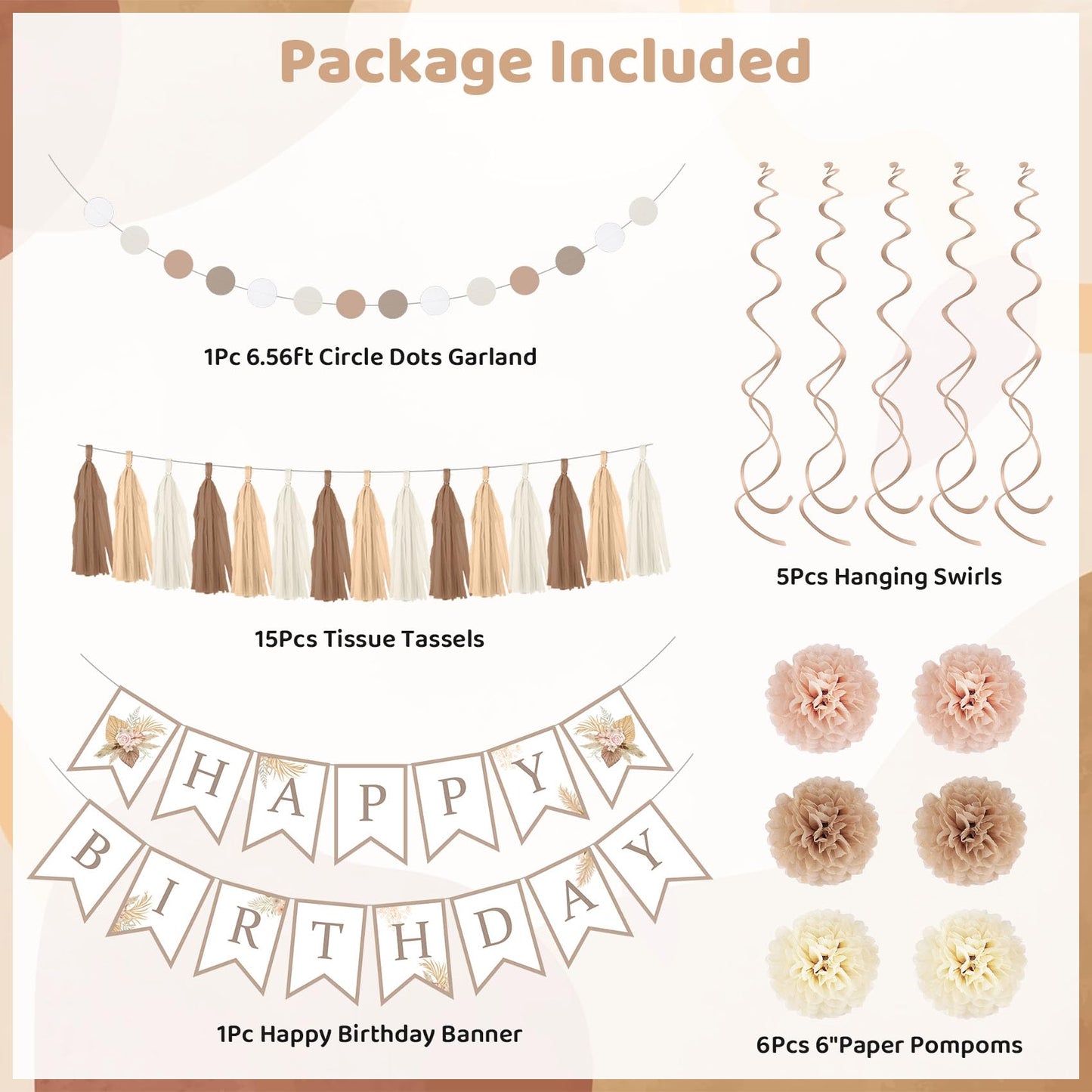 Birthday Decorations for Women, Beige Cream Neutral White Sand Confetti Balloons Boho Happy Birthday Banner Fringe Curtains Hanging Swirls Circle Dots Tassels Pompoms Women Girls Party Supplies