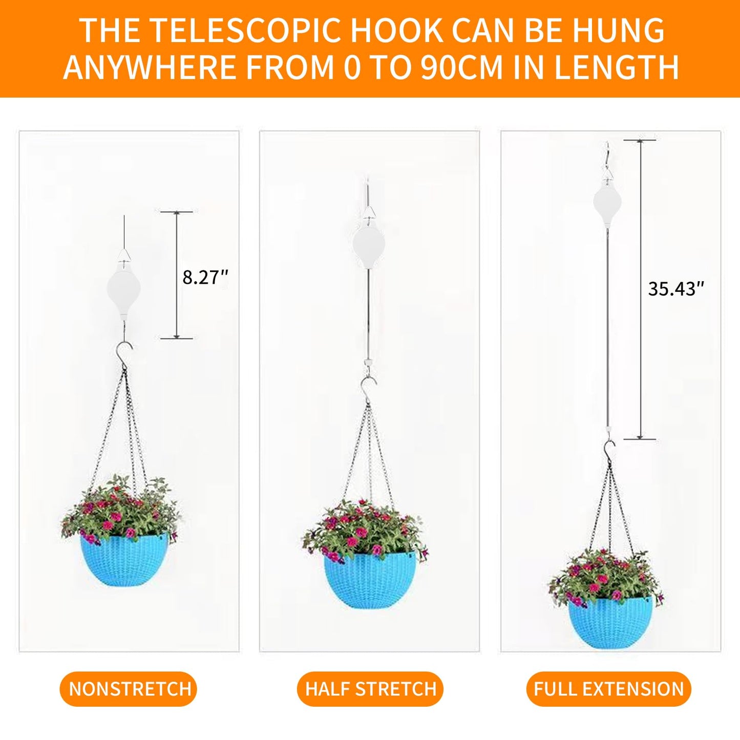 3PCS Retractable Plant Hanger, Adjustable Plant Pulleys for Hanging Plants, Easy to Raise & Lower, Heavy Duty for Garden Flower Pots Hanging Planters Bird Feeders Outdoor Indoor Use(White-3PCS)