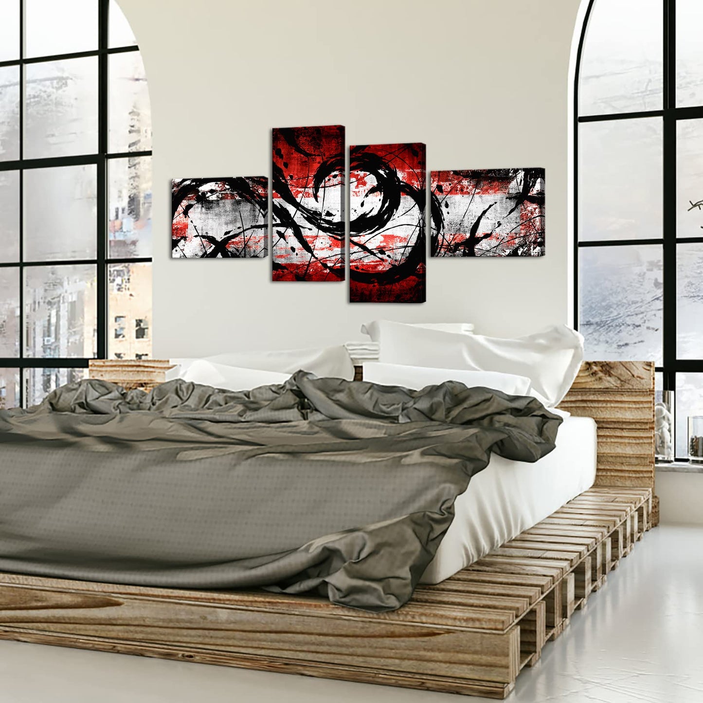 KREATIVE ARTS 4 Panel Black and Red Wall Art Canvas Print Modern Abstract Painting for Home Stair Wall Decor L68xH32inch