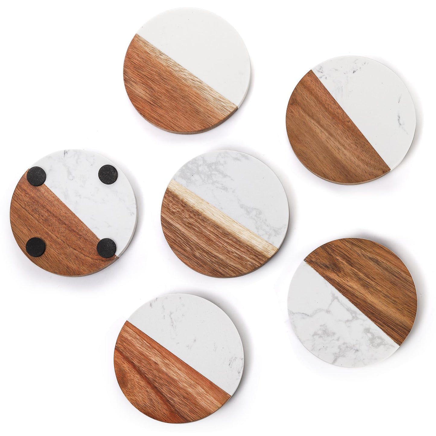 ZENFUN 6 Packs Marble Wood Coasters, Round Coaster, Handcrafted Artificial Marble Coasters Set for Your Drinks and Beverages, Tea, Coffee, Wine/Bar Glasses, Tabletop Protection Helper