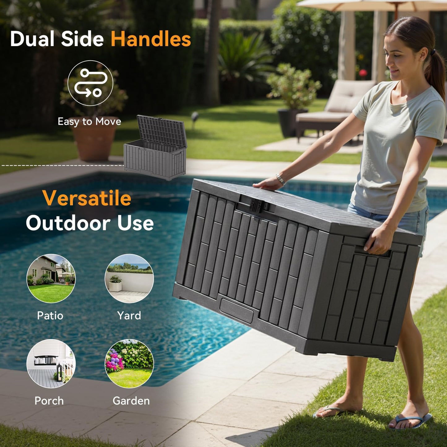 DUMOS 60 Gallon Deck Box, UV Resistant Waterproof Storage Bin for Patio Cushions Gardening Tools, Lockable Resin Outdoor Storage Box with Hundles, Grey