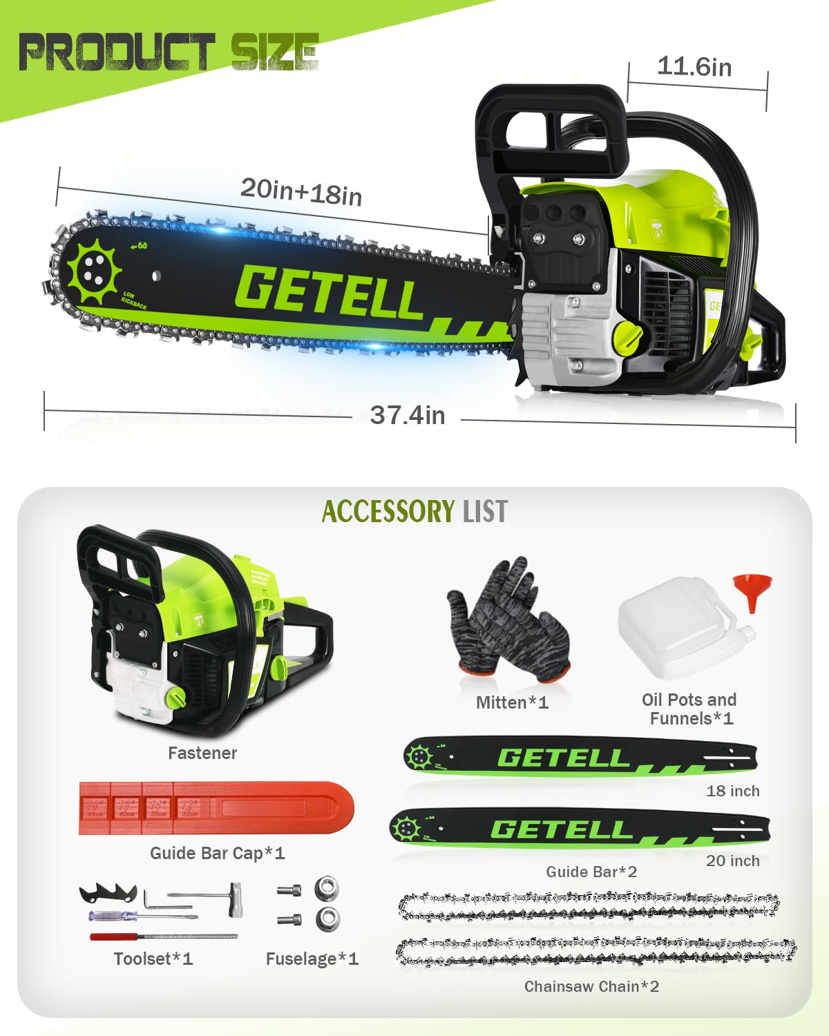Snoonwee Gas Powered Chainsaw with 20 and 18 Inch Bar Dual System, 58cc 3.6 HP Professional 2-Stroke Engine, Easy Start and Anti-Vibration for Farm Ranch or Heavy Duty Wood Cutting (Green Black)