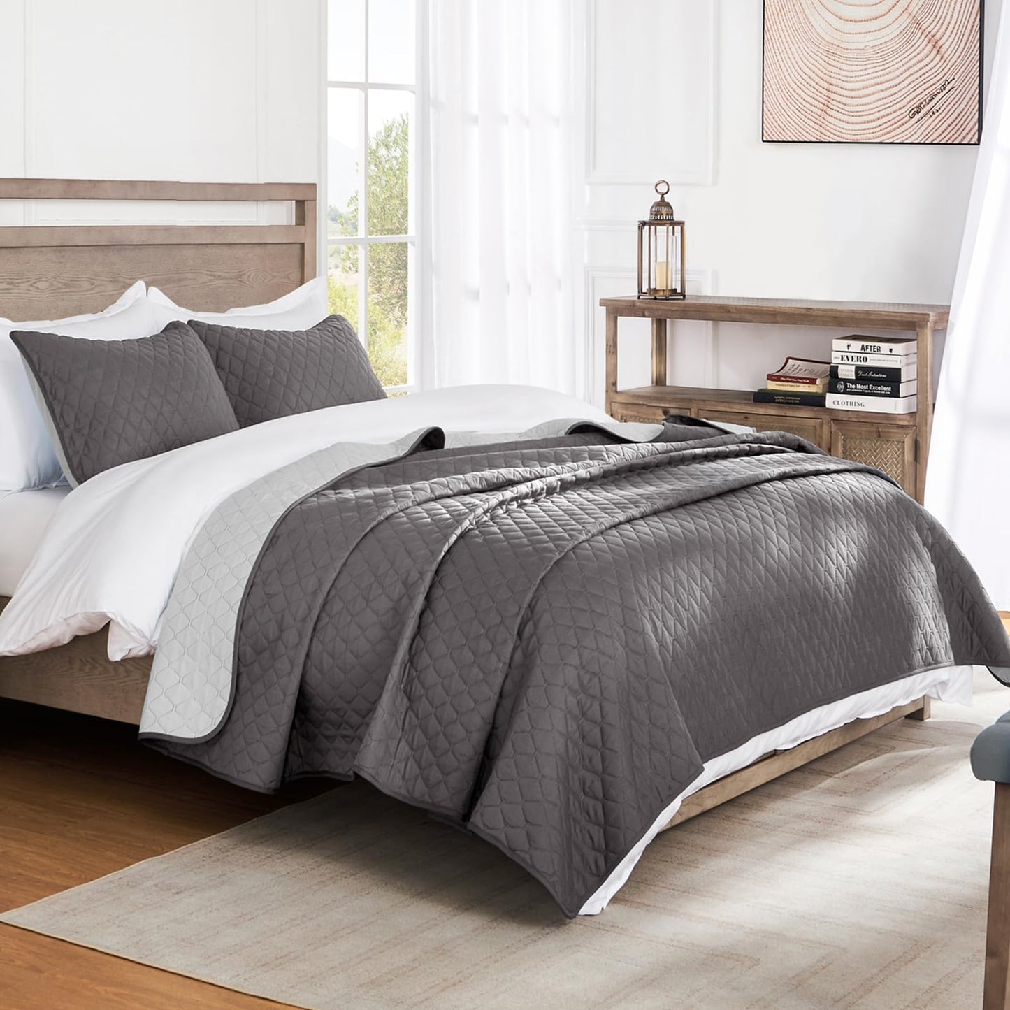 Exclusivo Mezcla Ultrasonic Reversible Full Queen Quilt Bedding Set with Pillow Shams, Lightweight Quilts Queen Size, Soft Bedspreads Bed Coverlets for All Seasons - (Grey, 90"x96")