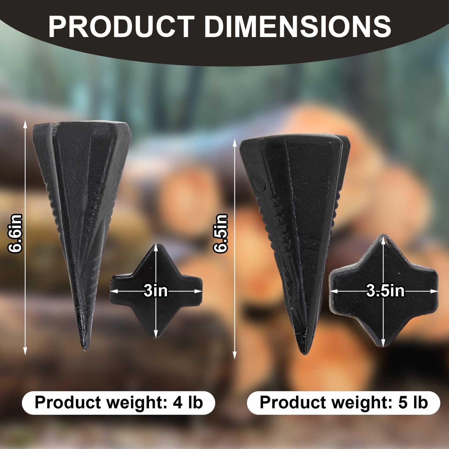 Otoolling 2 Pcs 4 & 5 Lbs Wood Splitting Wedges Manual Log Splitter Wedge 4-direction Diamond Design Forged Steel Tool for Easy Wood Splitting Splits Firewood into 4 Pieces Less Effort (Black)