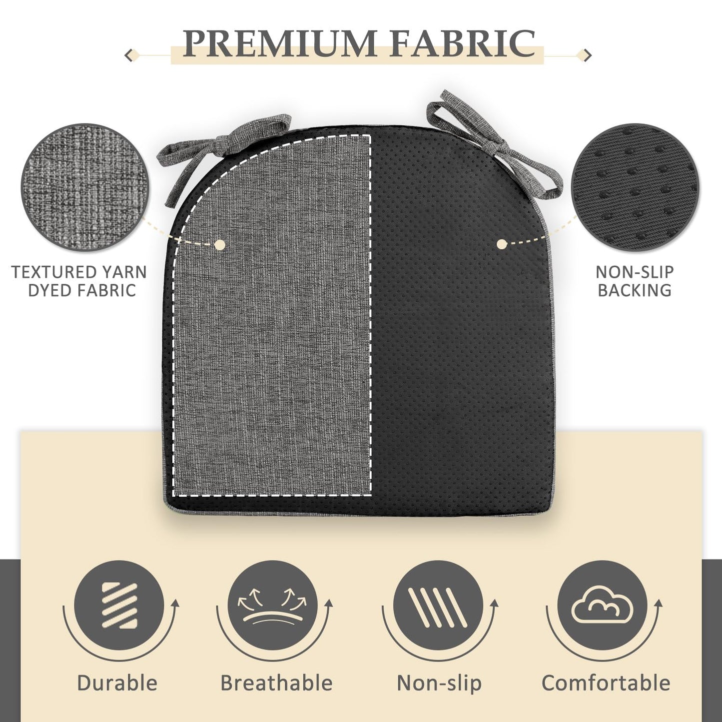 Wellsin Chair Cushions for Dining Chairs 6 Pack - Kitchen Chair Cushions with Ties and Non-Slip Backing - Dining Chair Pads 16"X16"X2", Dark Gray