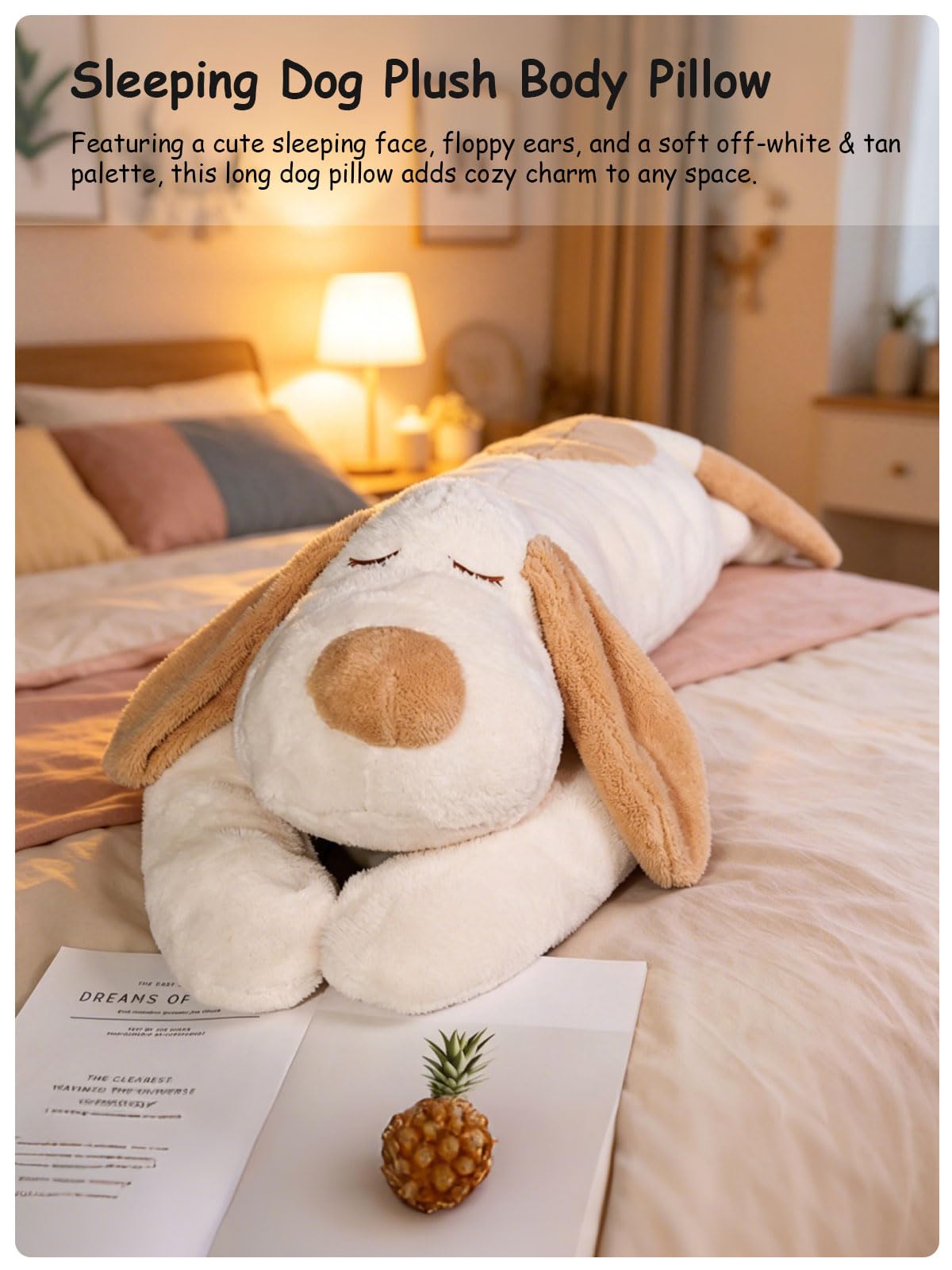 FIAEUGZKM Large Dog Plush Body Pillow, 45" Long Fluffy Dog Stuffed Animal for Girls, Soft Cuddly Stuffy Birthday Gift Home Decor Plushy Toy for Kids Teens Adults Girlfriends, White