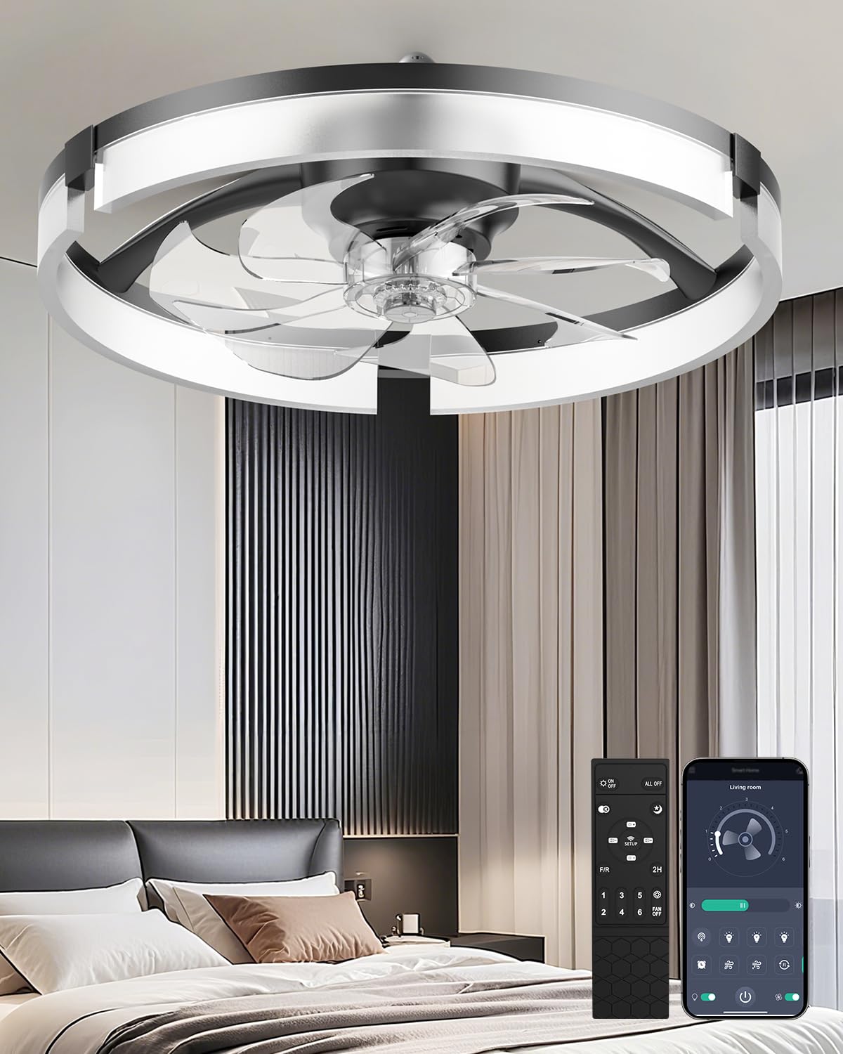 AIKVSXER 20" Ceiling Fan with Light, Modern Low Profile Fan Light, Quiet DC Motor, 6 Speeds, 3000K-6500K Dimmable LED, App & Remote Control, for Bedroom Living Room Indoor Home Decor