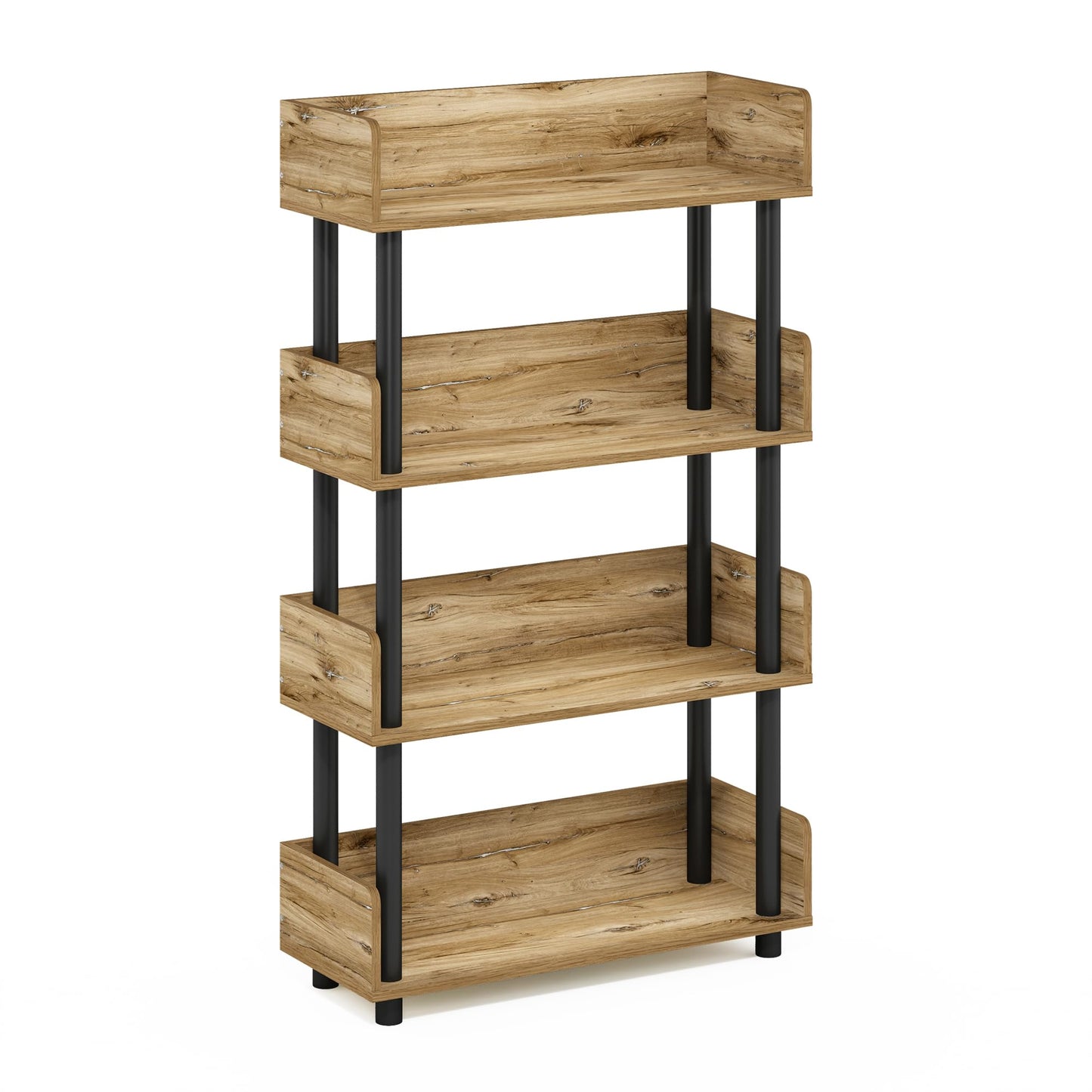 Furinno TURN-N-TUBE 4-Tier Display Shelf, Storage Shelves, Book Shelf, Open Shelves with Rounded Corner Top Edges, for Organization and Storage, Living Room, Home Office, Flagstaff Oak
