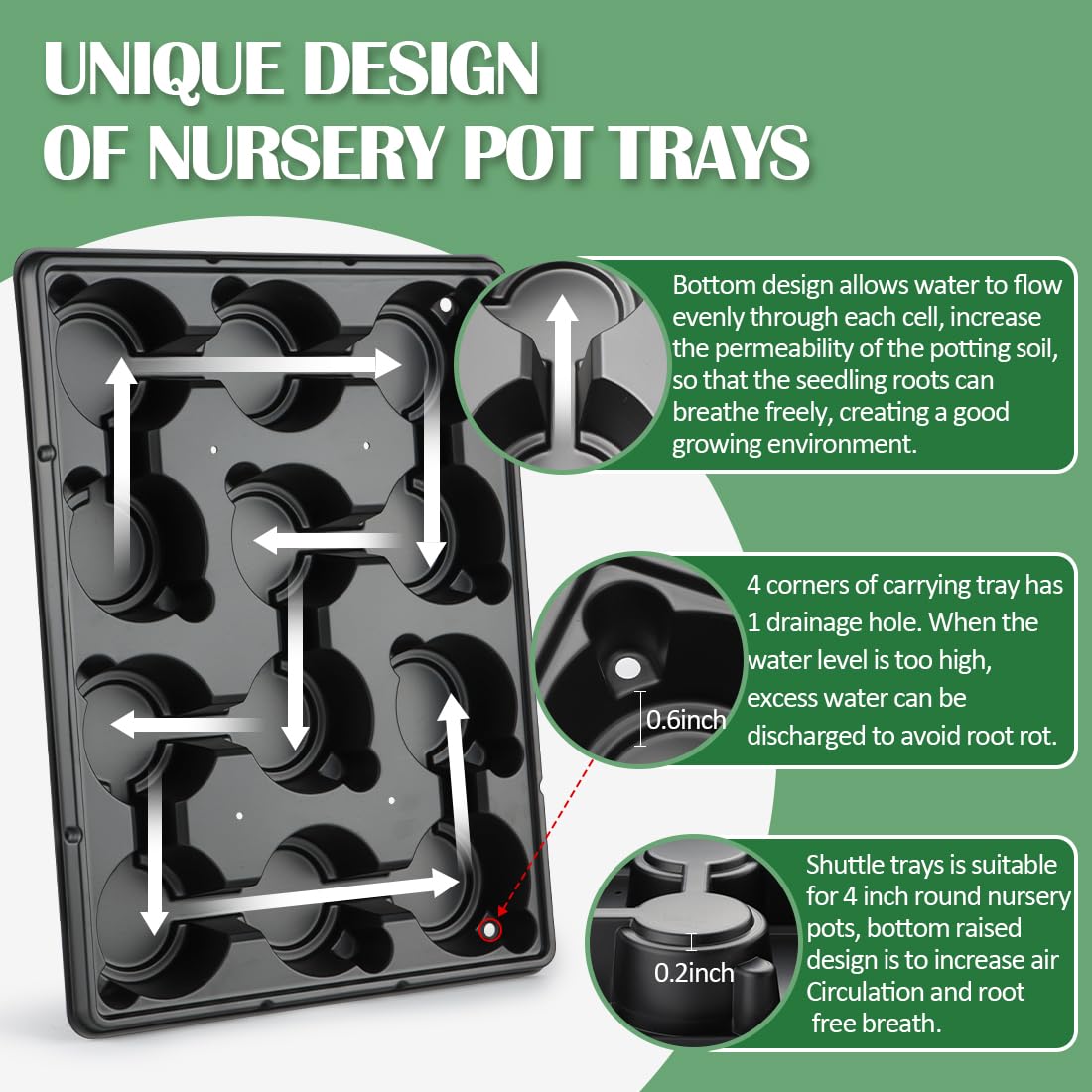 RooTrimmer 4 Inch Plastic Plant Pots 60 Pcs and 12 Cell Nursery Pots Trays 5 Pcs, Thick Sturdy Seeds Starting Germination Shuttle Carrying Trays, Black Small Planter Nursery Propagation 5 Sets